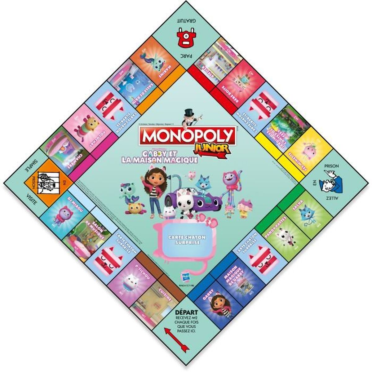 Monopoly Junior Brettspiel zum Thema Gabbys Puppenhaus. Enthält Charaktere, farbenfrohe Felder und das Logo des Spiels.