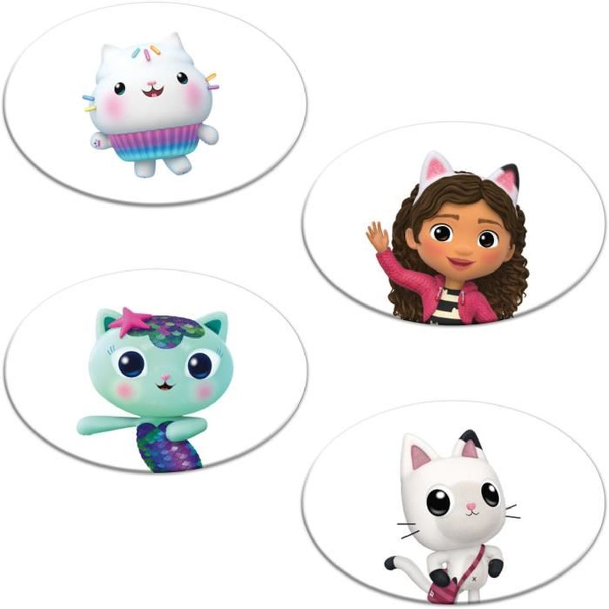 Vier Zeichentrickfiguren in ovalen Rahmen. Eine Katze mit Cupcake, ein Mädchen mit Katzenohren, eine Meerjungfrauenkatze und eine weiße Katze mit Tasche.