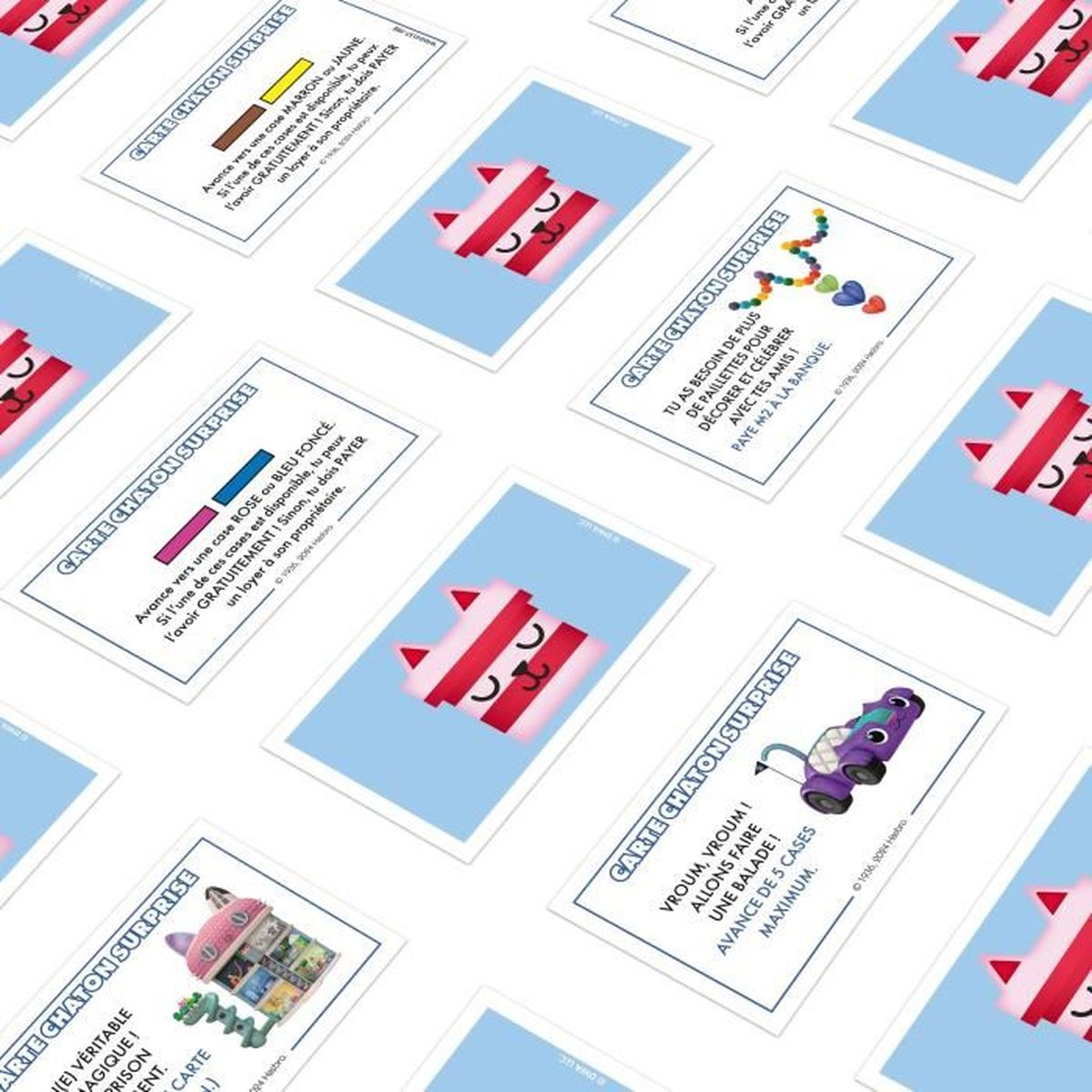 Karten mit französischem Text und katzenförmigen Bildern. Farben sind Pink, Rot und Blau.