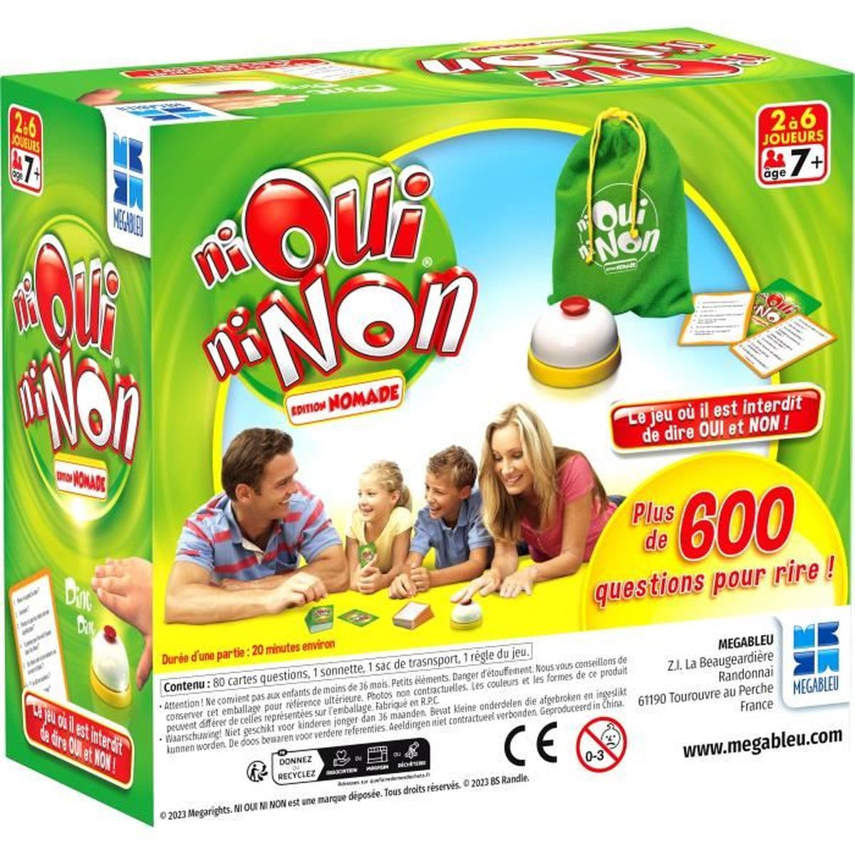 Schachtel für das Spiel Ni Oui Ni Non, mit spielender Familie. Grüner Hintergrund mit Spieldetails. Karten und Glocke.
