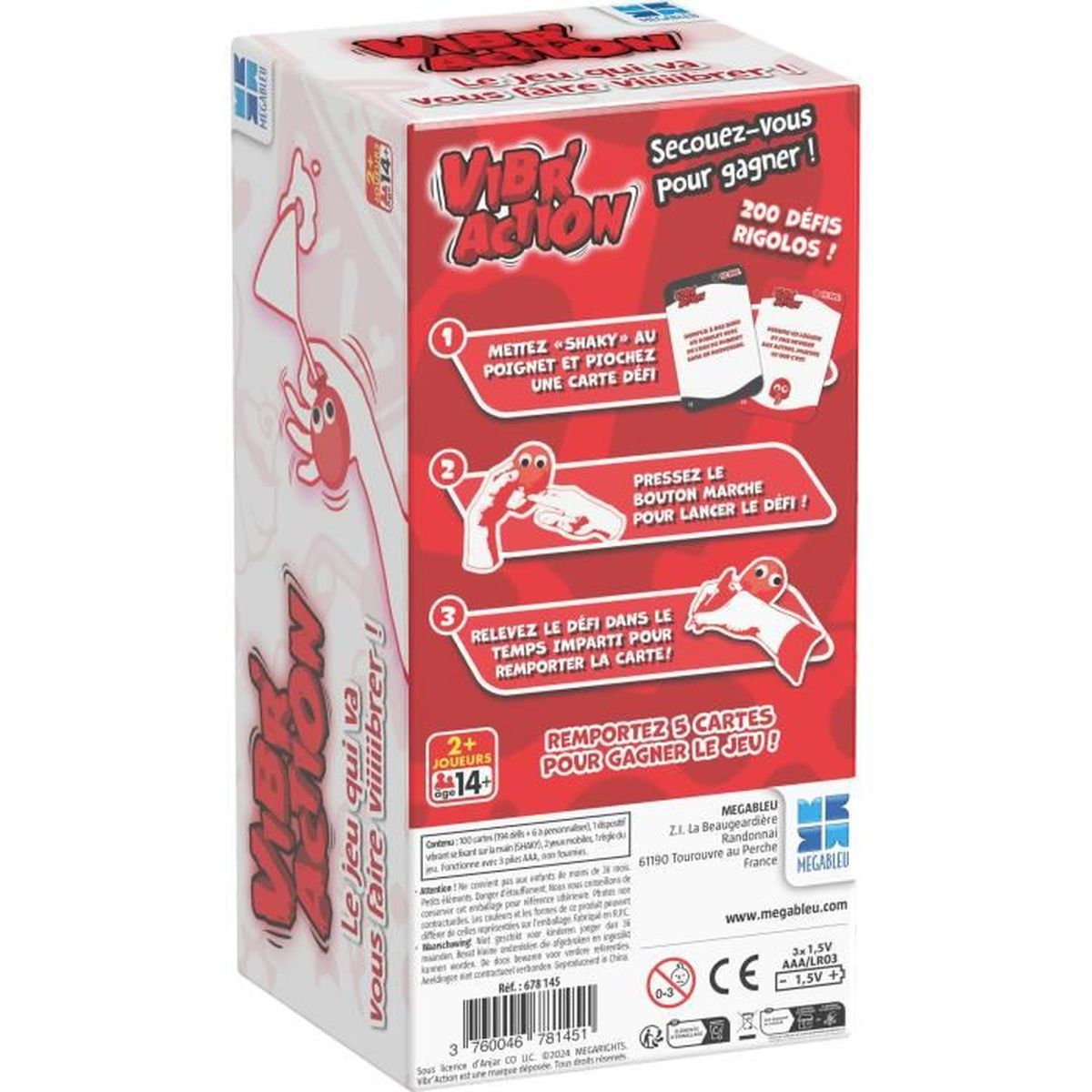 Schachtel des Spiels VIBR ACTION. Text und Illustrationen zeigen Spielanweisungen. Rote und weiße Farben.