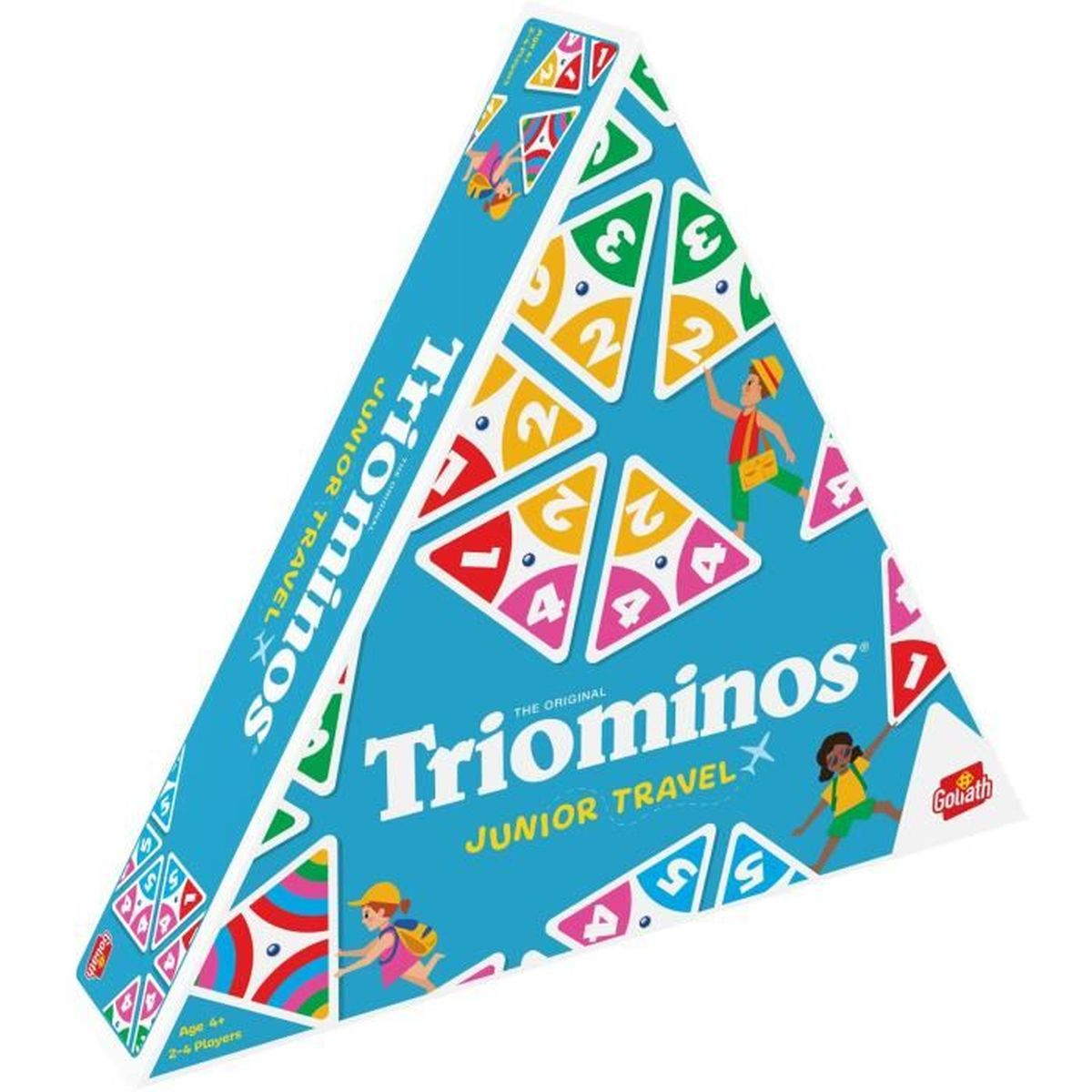 Eine dreieckige Schachtel des Spiels Triominos Junior Travel. Sie hat einen blauen Hintergrund mit Spielsteinen und Kinderillustrationen.