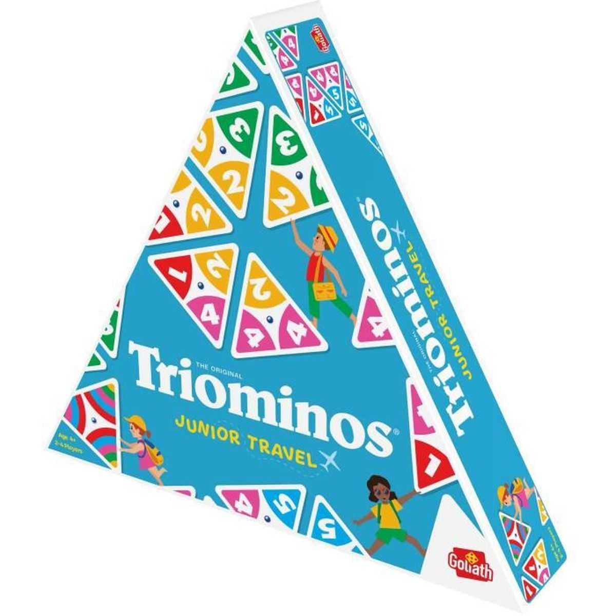 Eine Triominos Junior Travel Spielbox. Sie ist dreieckig mit bunten Dreiecken und Kinderillustrationen. Die Box ist blau mit weißem Text.