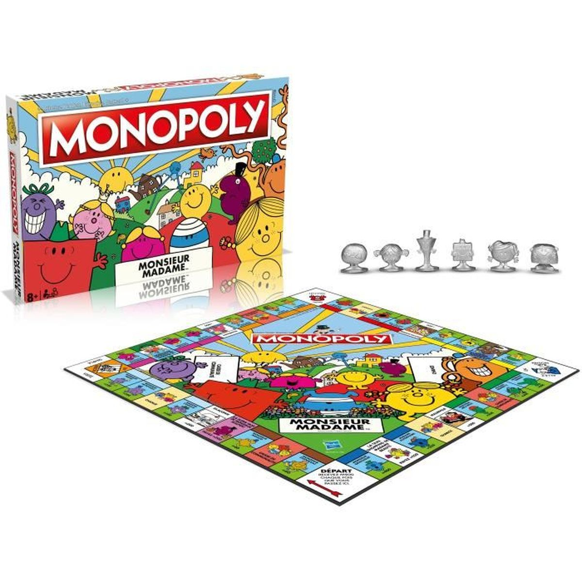 Monopoly-Brettspiel mit Schachtel und Spielfiguren. Die Schachtel zeigt Charaktere und das Brett hat Quadrate mit Charakterbildern.