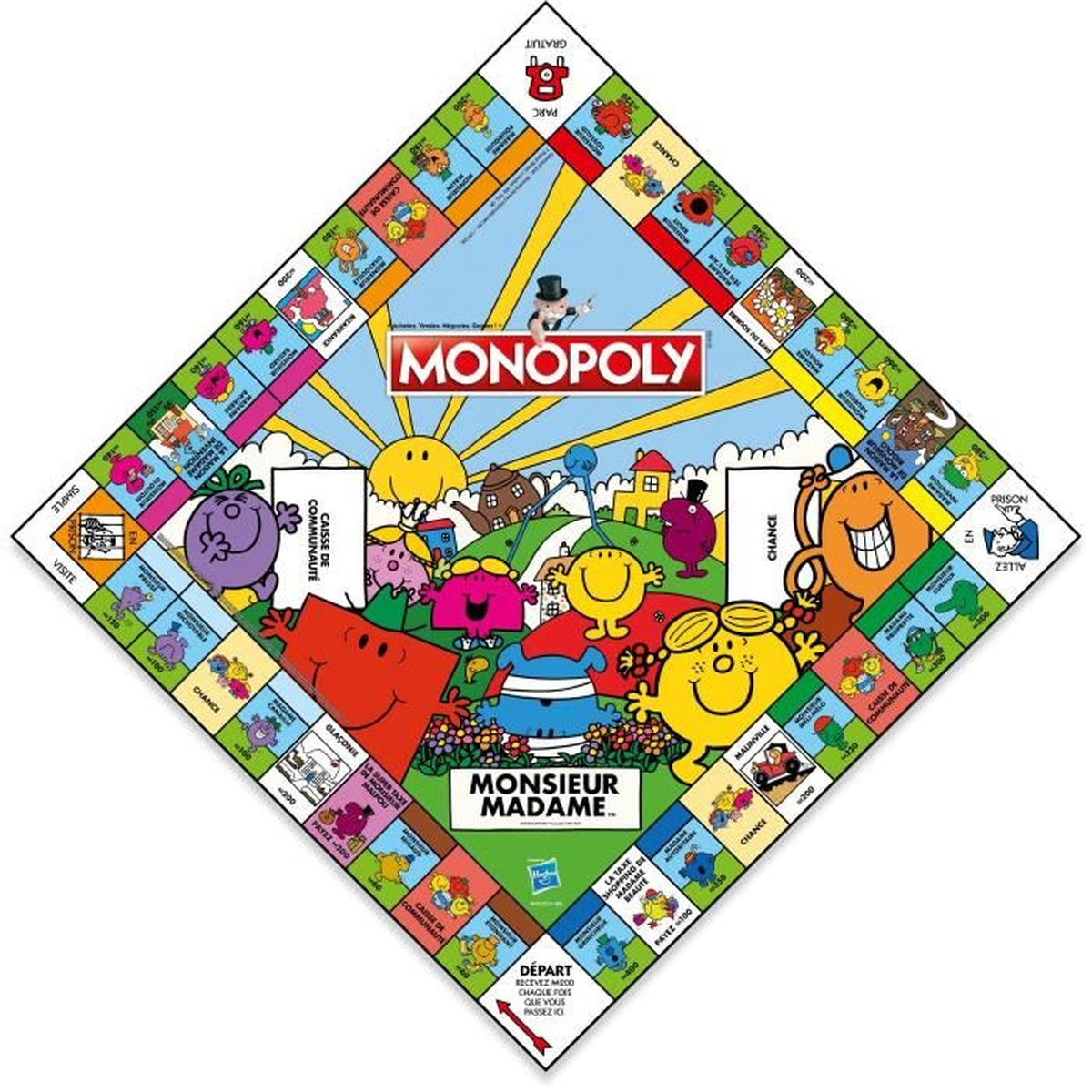 Monopoly-Brettspiel mit Mr. Men und Little Miss Figuren. Bunte Felder, Häuser und verschiedene Charakterillustrationen.
