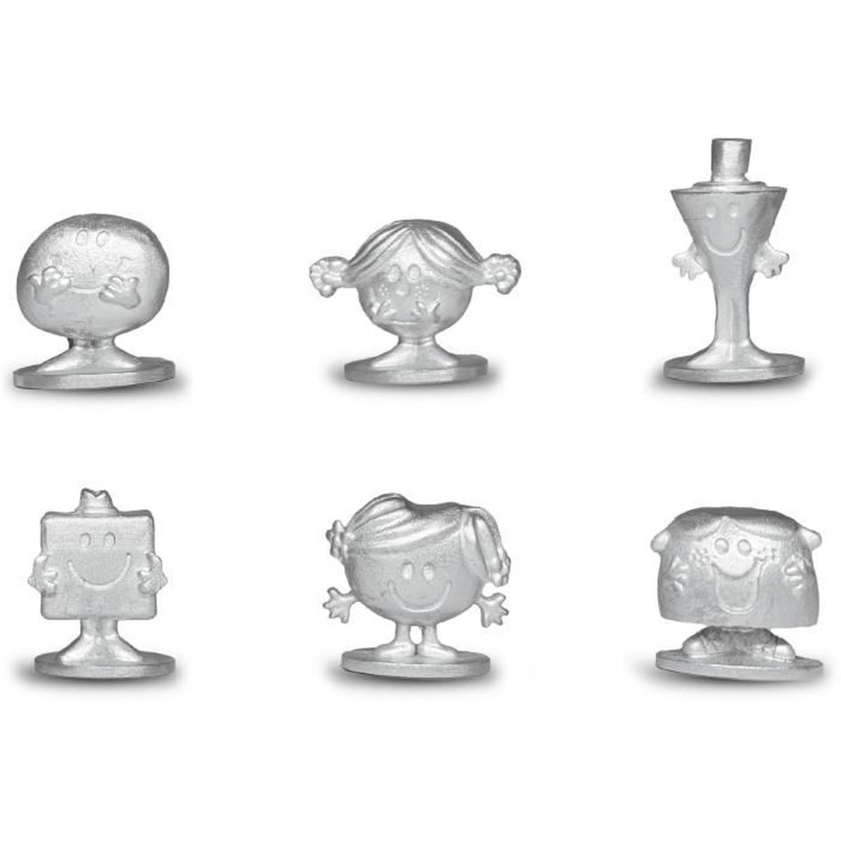 Sechs silberne Monopoly-Spielsteine: ein Kopf, ein Mädchen mit Zöpfen, ein Hydrant, eine kastenförmige Figur, ein Mädchen und ein Kopf mit Platte.