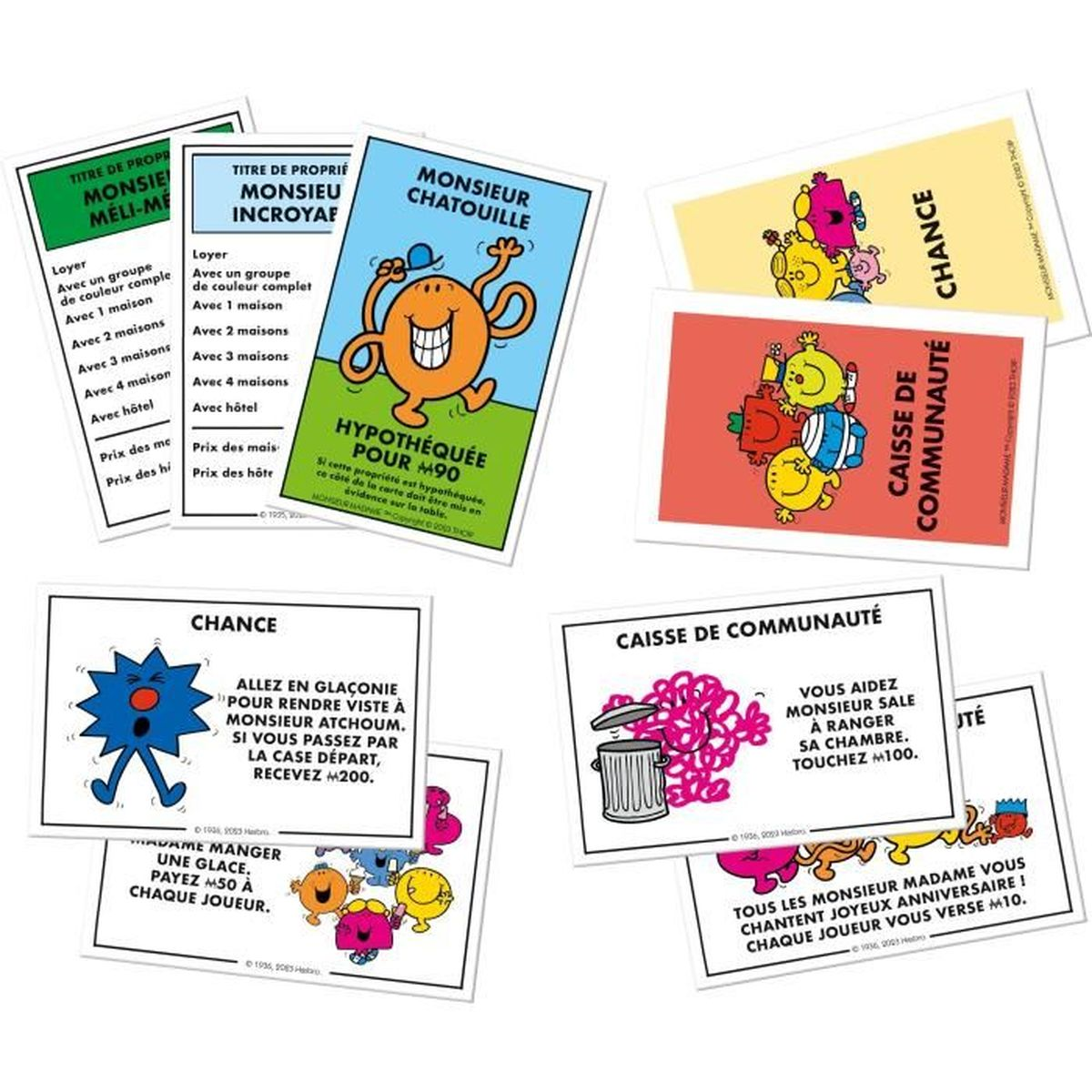 Verschiedene Monopoly-Karten mit Figuren wie Herrn Chatouille. Karten haben Text auf Französisch, der Aktionen und Kosten zeigt.