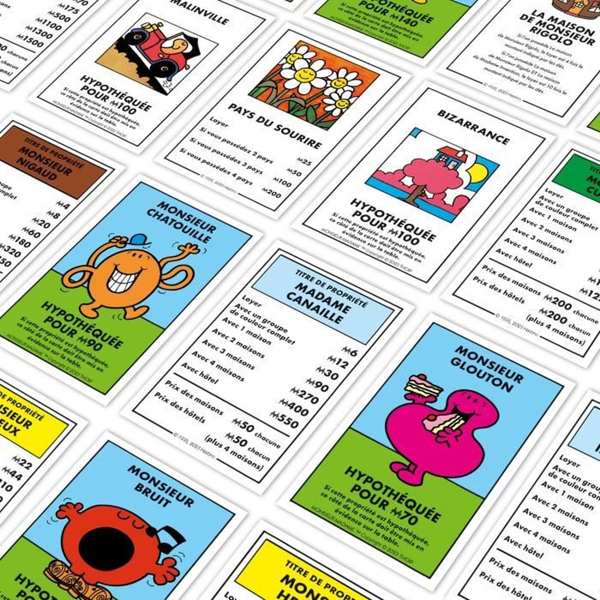Monopoly-Spielkarten. Karten zeigen Charaktere wie Monsieur Chatouille und Monsieur Glouton. Die Karten haben verschiedene Eigenschaften.