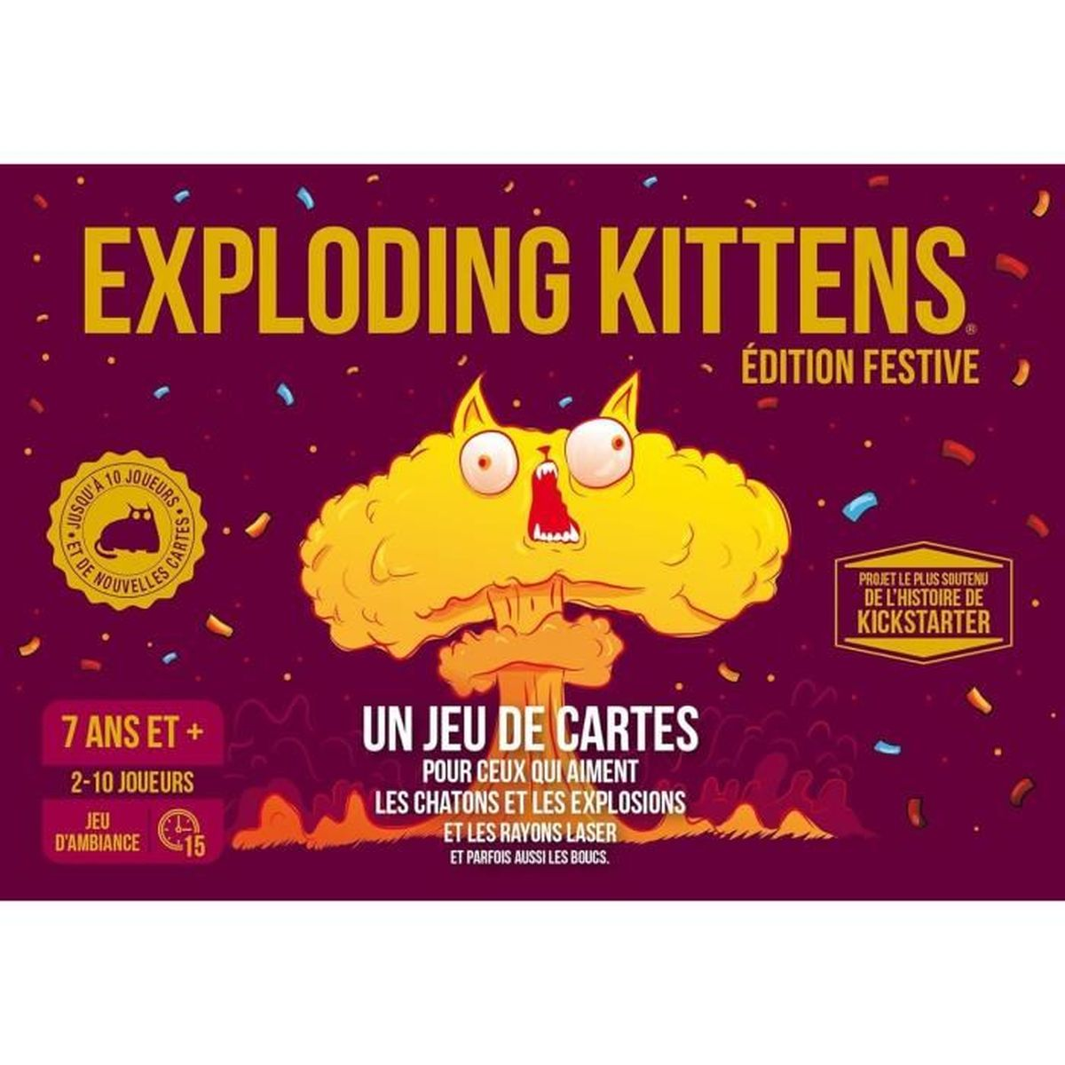 Schachtelkunst für das Spiel Exploding Kittens. Zeigt eine gelbe, katzenförmige Explosion mit französischem Text.