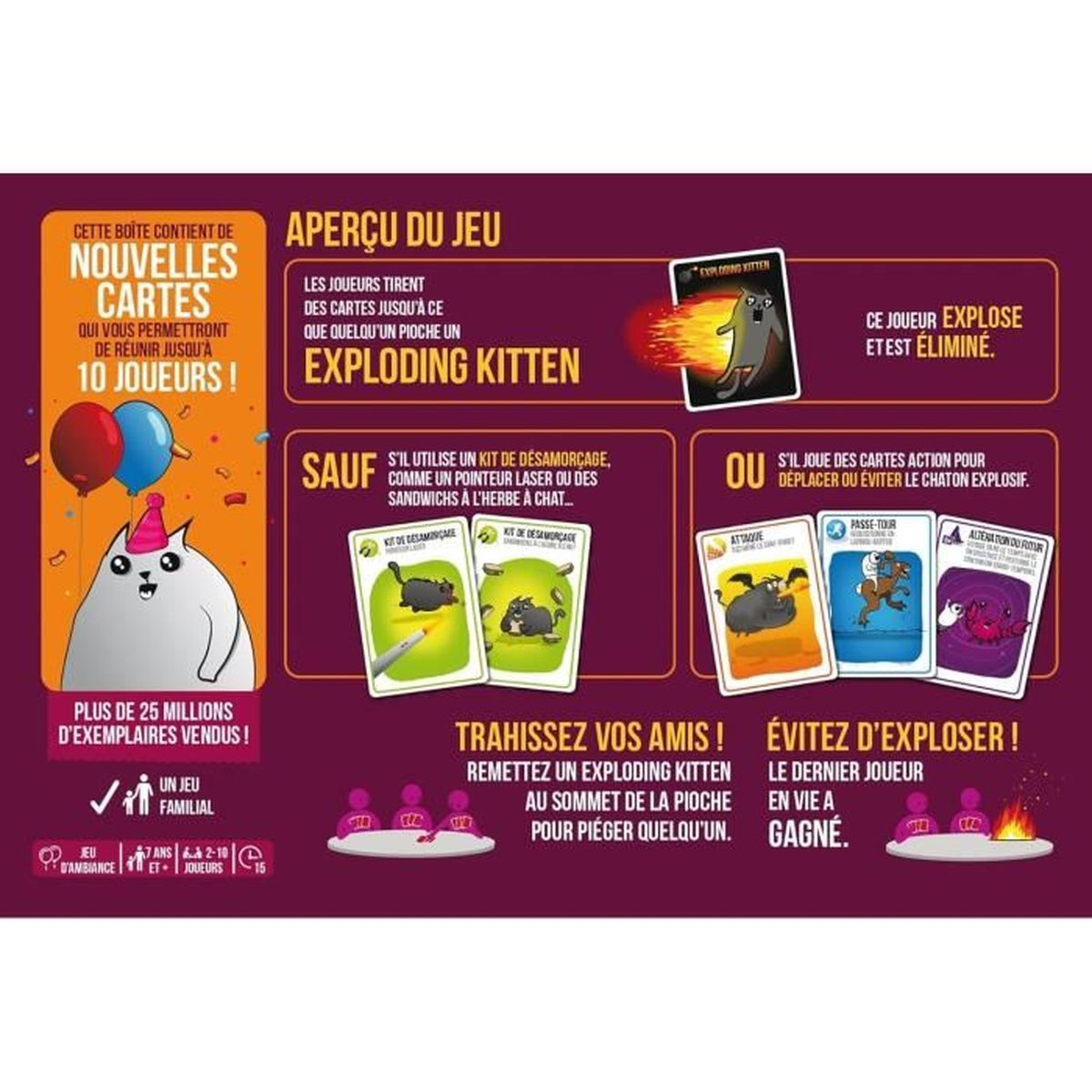Spielbox mit Karten, Katzenillustration und französischem Text. Enthält Spielübersicht und Regeln.
