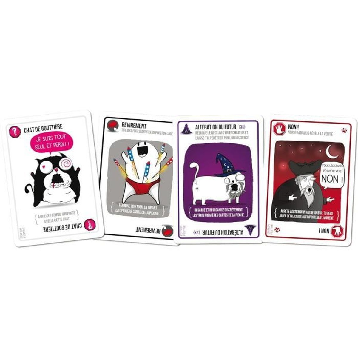 Vier illustrierte Spielkarten mit skurrilen Designs und Text. Eine Karte zeigt eine traurige Katze. Die anderen haben verschiedene Symbole.