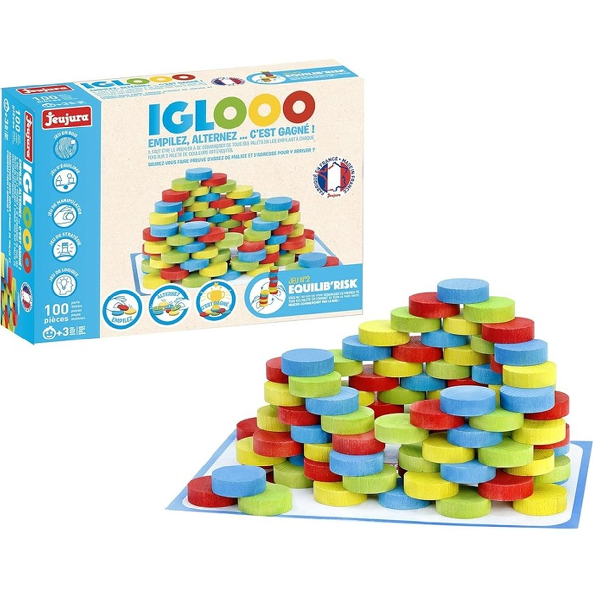 Een speldoos met de titel 'IGLOOO' en gekleurde houten schijven. Het spel heet 'Equilib'Risk'.