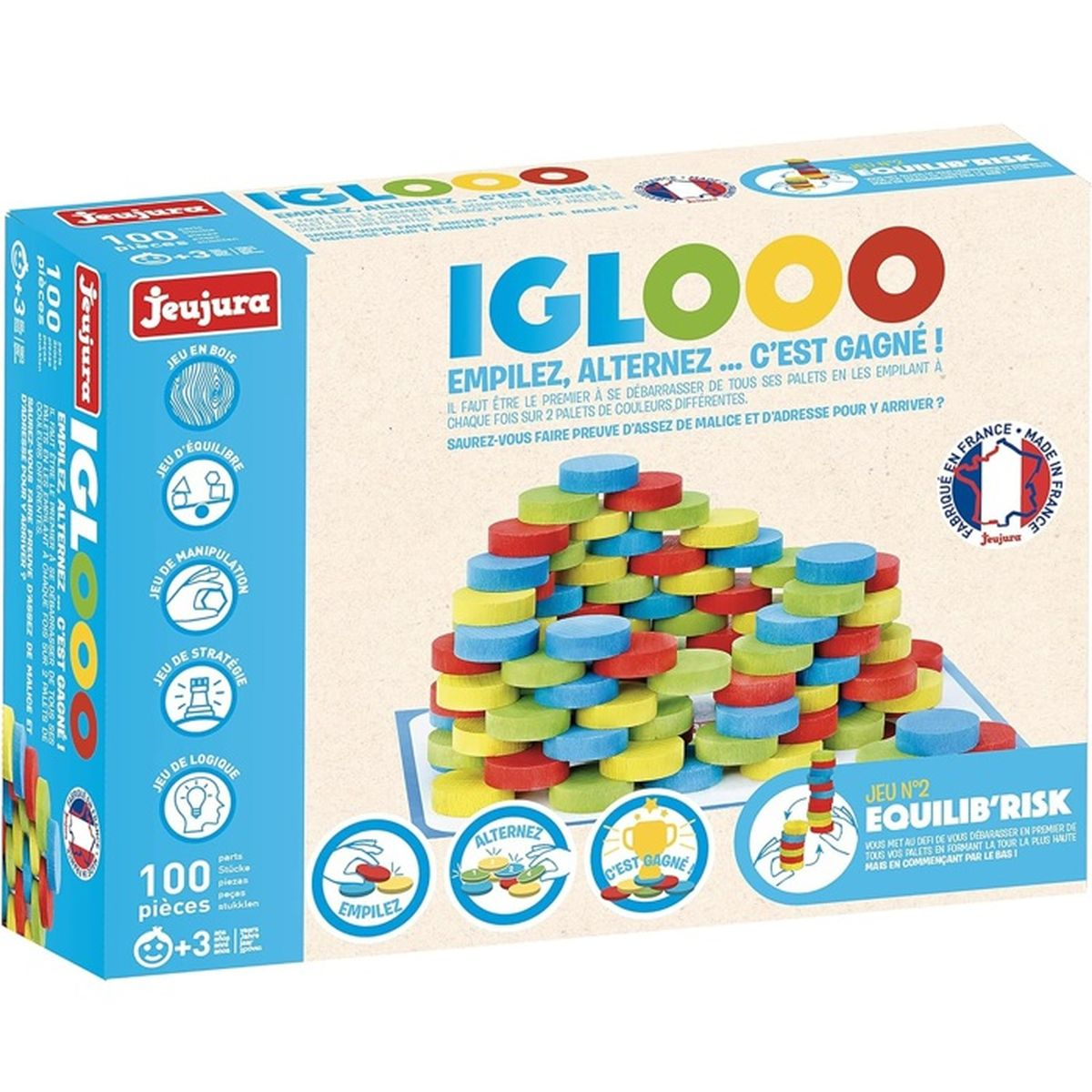 Spel "Igloo" met kleurrijke houten schijven, tekst in het Frans. Stapel- en balancerspel. Gemaakt in Frankrijk.