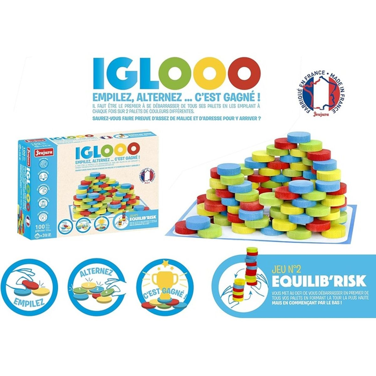 Een speldoos met kleurrijke, opgestapelde schijven. De tekst luidt 'IGLOOO' en 'EQUILIB'RISK'. Gemaakt in Frankrijk.