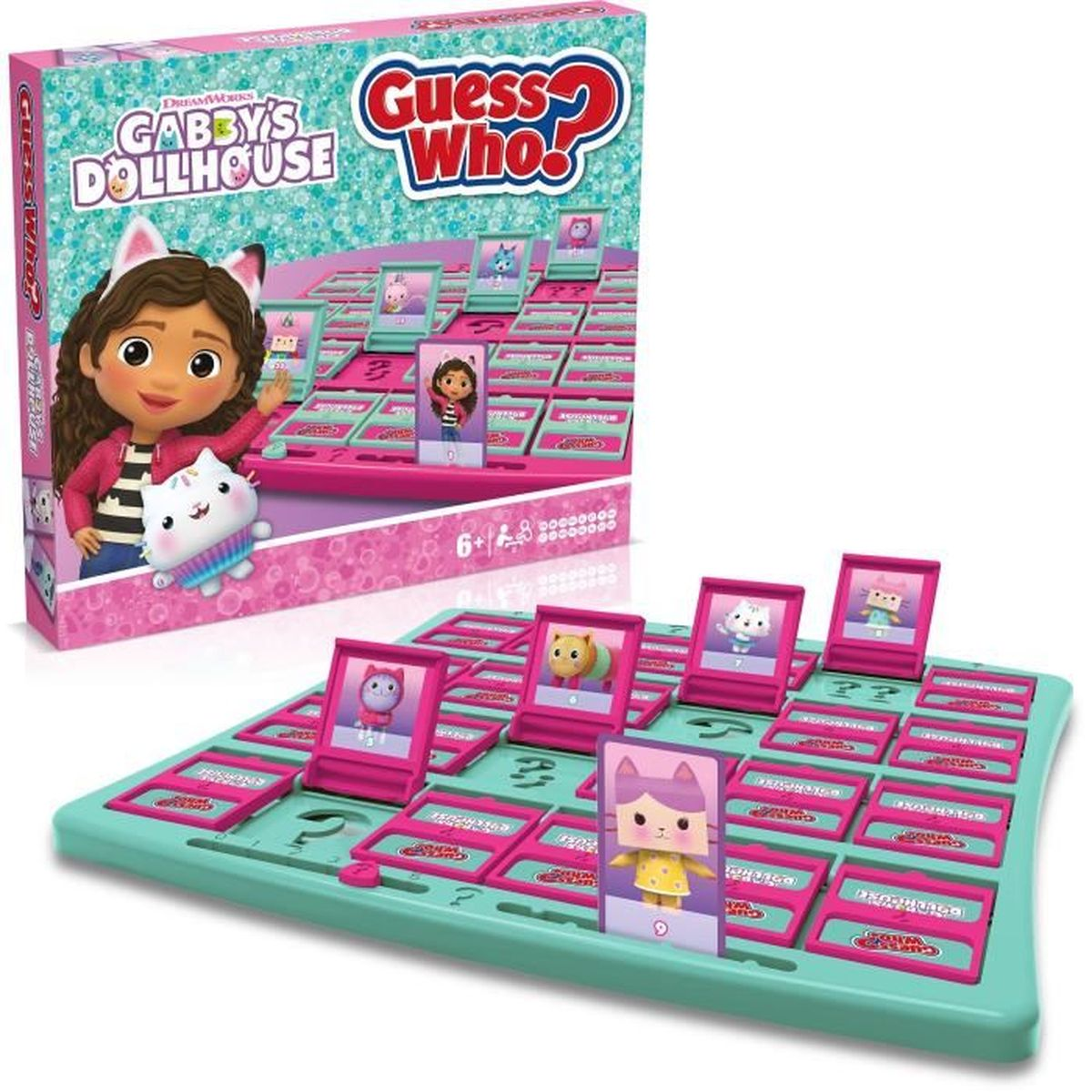 Gabby's Dollhouse Wer bin ich? Spiel. Schachtel mit Gabby und Katze. Spielbrett mit rosa Rahmen und Charakterkarten.