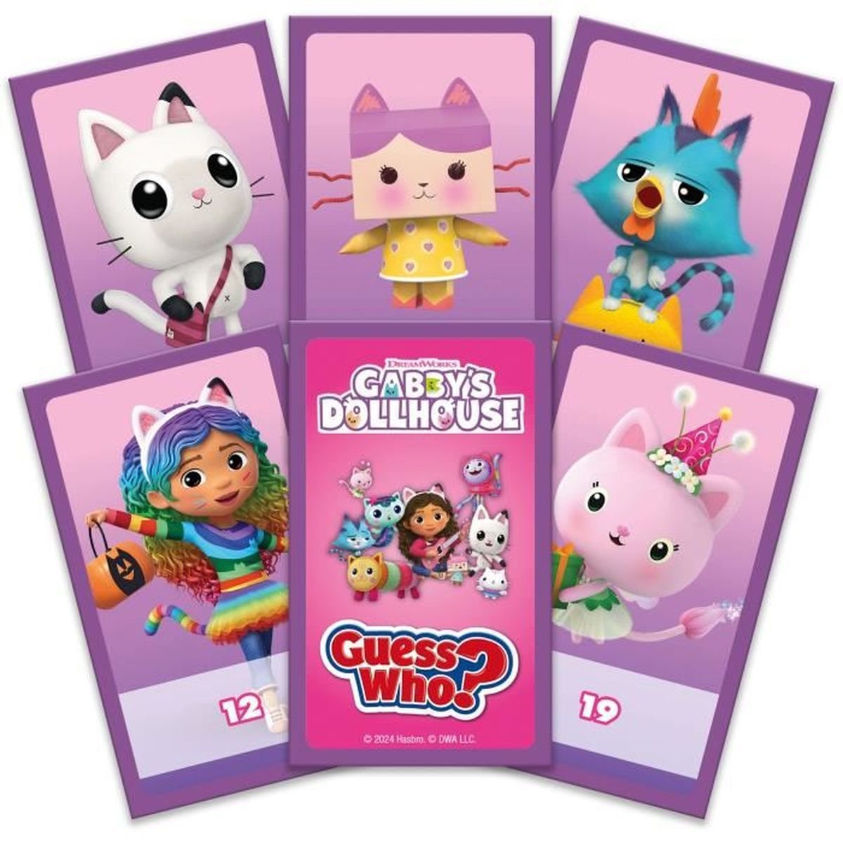 Ein "Wer bin ich?"-Spiel mit Gabby's Dollhouse-Charakteren. Enthält Karten mit Figuren wie einer weißen Katze, einer blauen Katze und Gabby selbst.