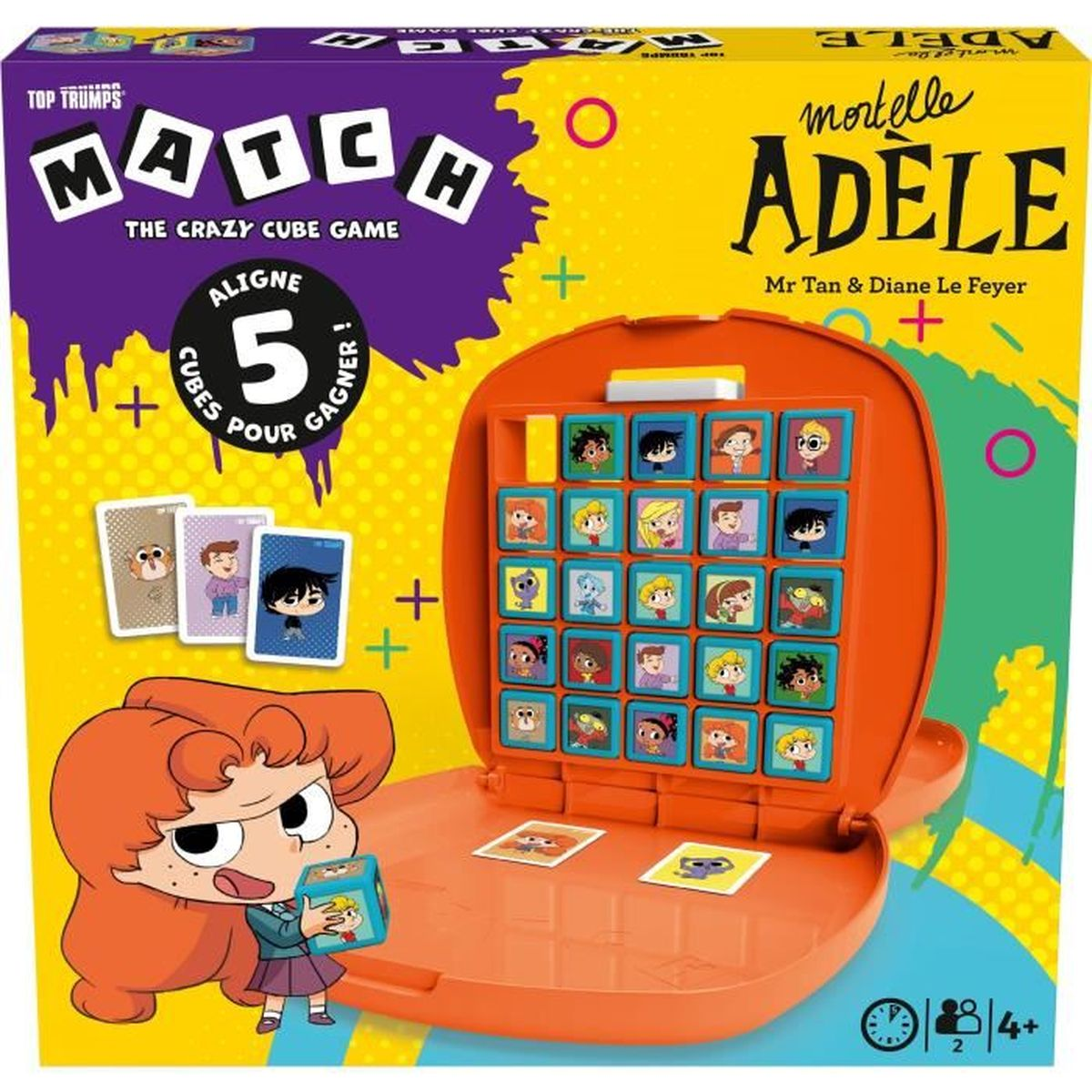 Scatola del gioco Match. Una ragazza dei cartoni animati tiene in mano un cubo. Il gioco presenta cubi con facce e carte con personaggi. Tonalità arancioni e gialle.
