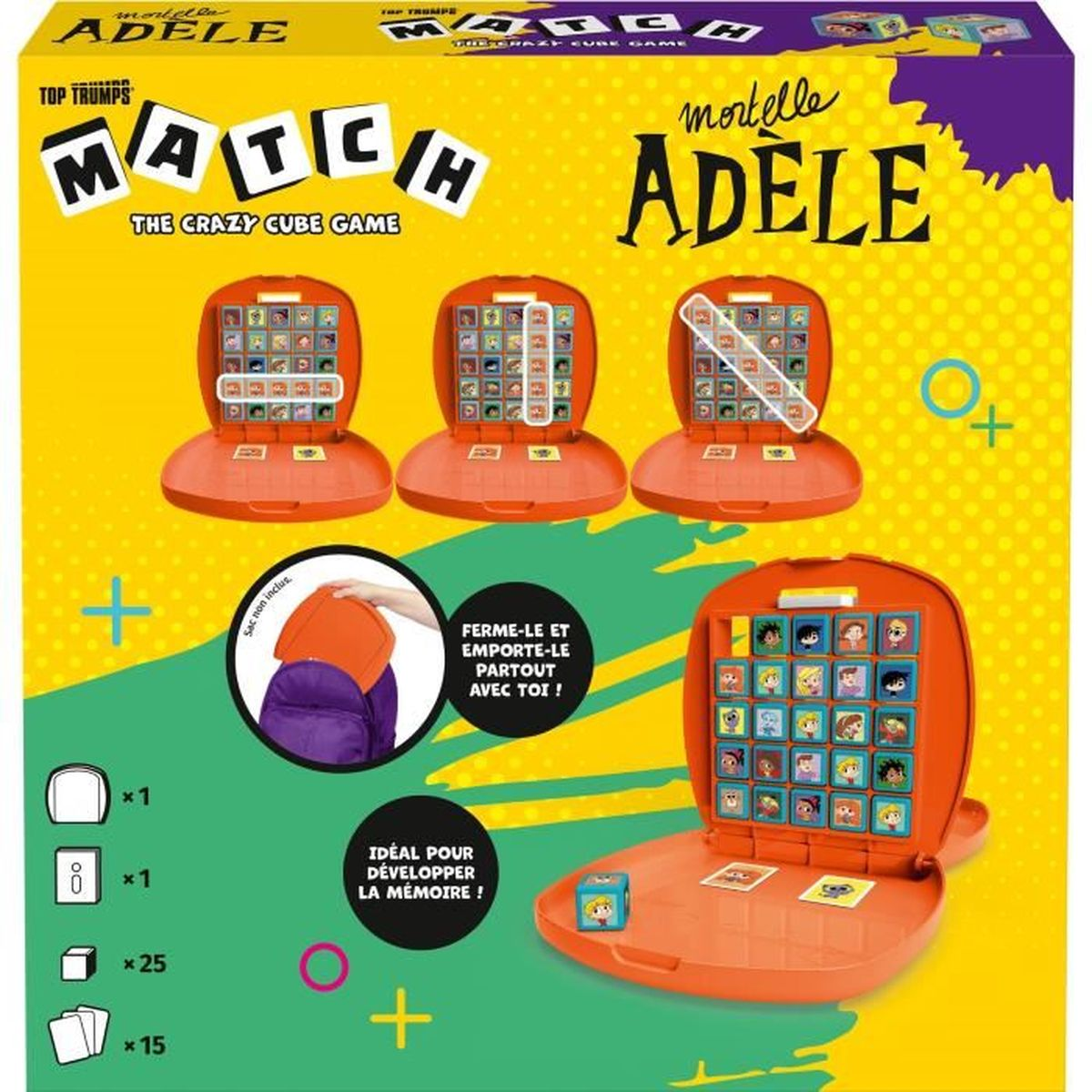 Scatola di un gioco Match, arancione e blu, con il nome di Adele. Include tabelloni di gioco, cubi e istruzioni. Il gioco è in una scatola.