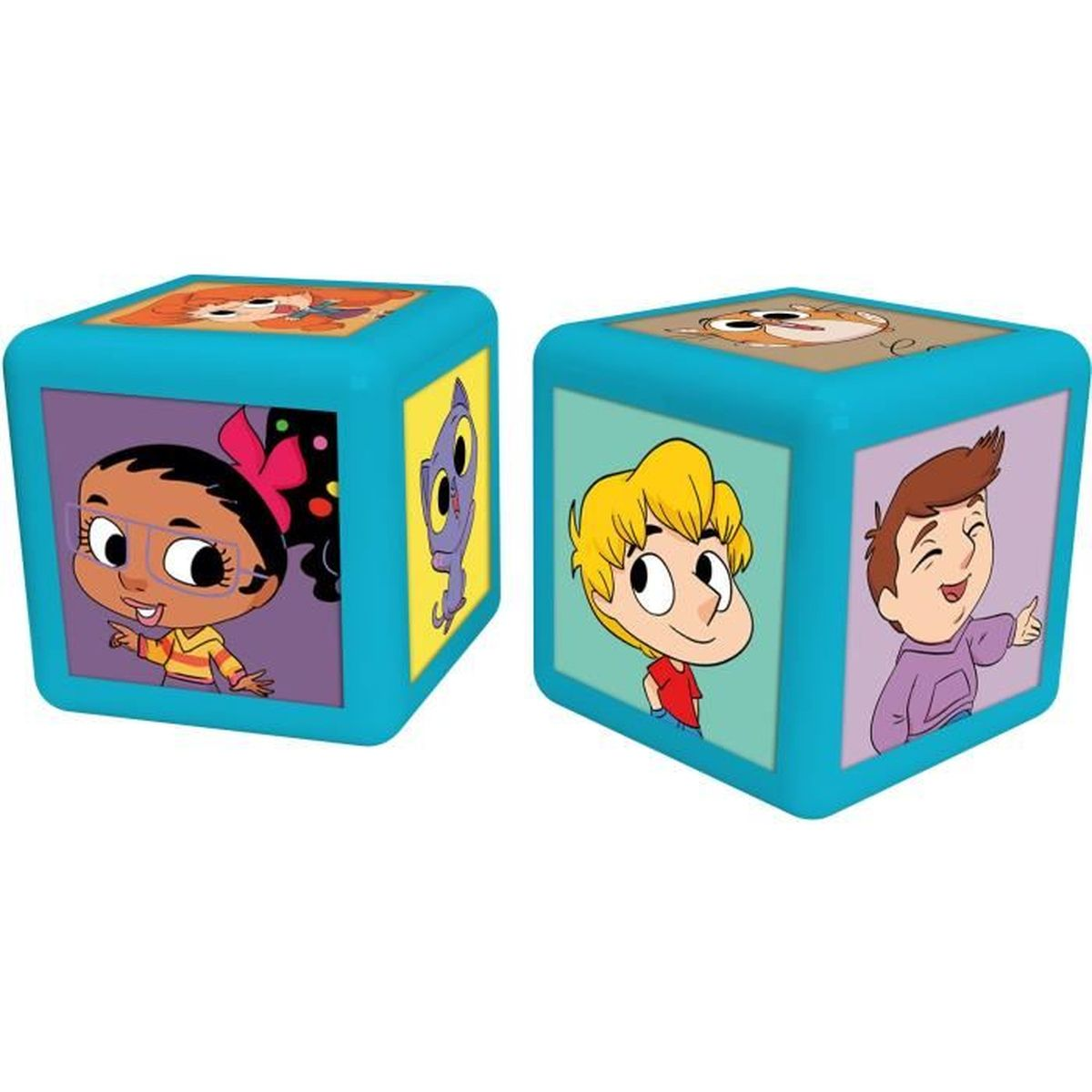 Due cubi giocattolo blu con immagini di cartoni animati di bambini e un gatto. Ogni cubo ha immagini diverse su ogni lato.