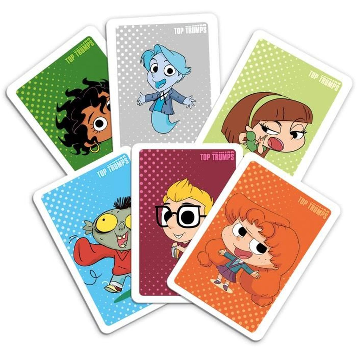 Sei carte Top Trumps sono a ventaglio. Ogni carta presenta un personaggio dei cartoni animati. I colori di sfondo variano: verde, grigio, rosso, blu, arancione e verde.