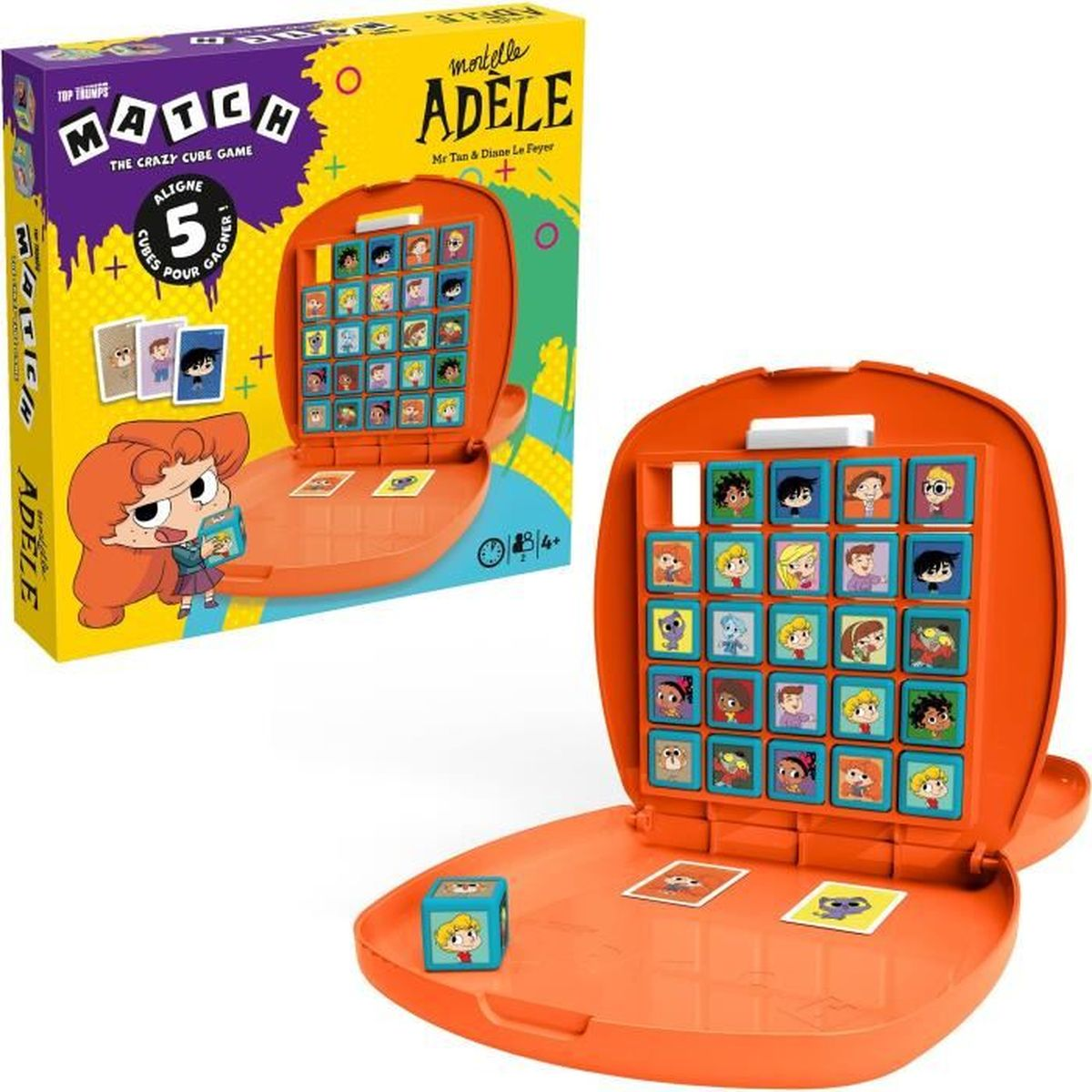 Una scatola del gioco Match Adele arancione e gioco aperto. Il cubo mostra Adele. Il gioco ha tessere quadrate con immagini di personaggi.