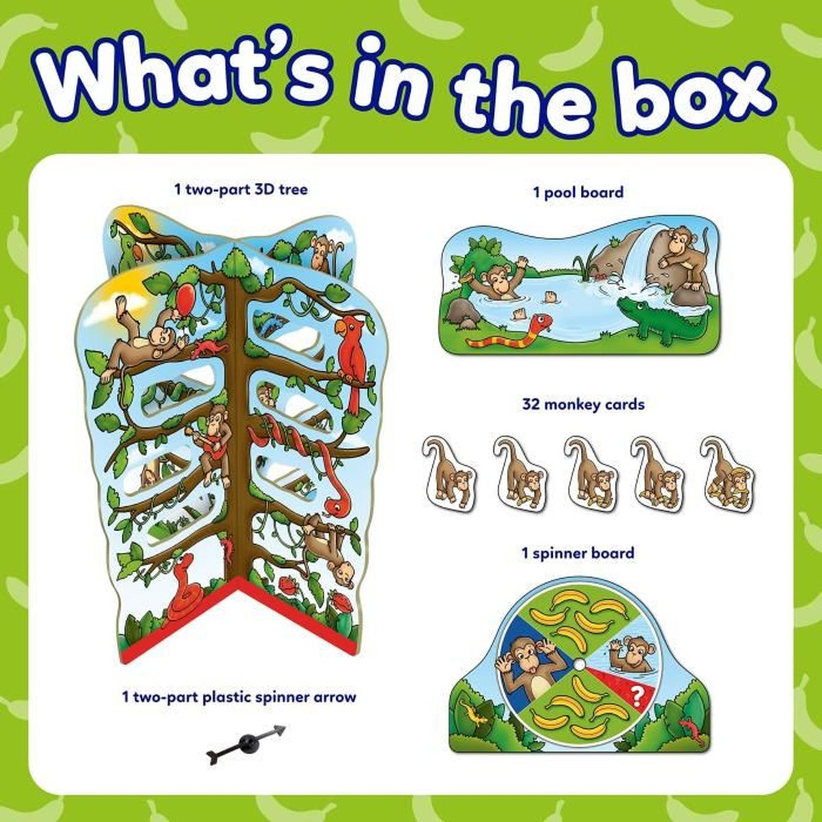 Eine Spielbox zeigt einen Baum, einen Pool, Karten und ein Drehscheibenbrett mit Affen, einer Schlange und einem Krokodil. Der Titel lautet 'Was ist in der Box'.