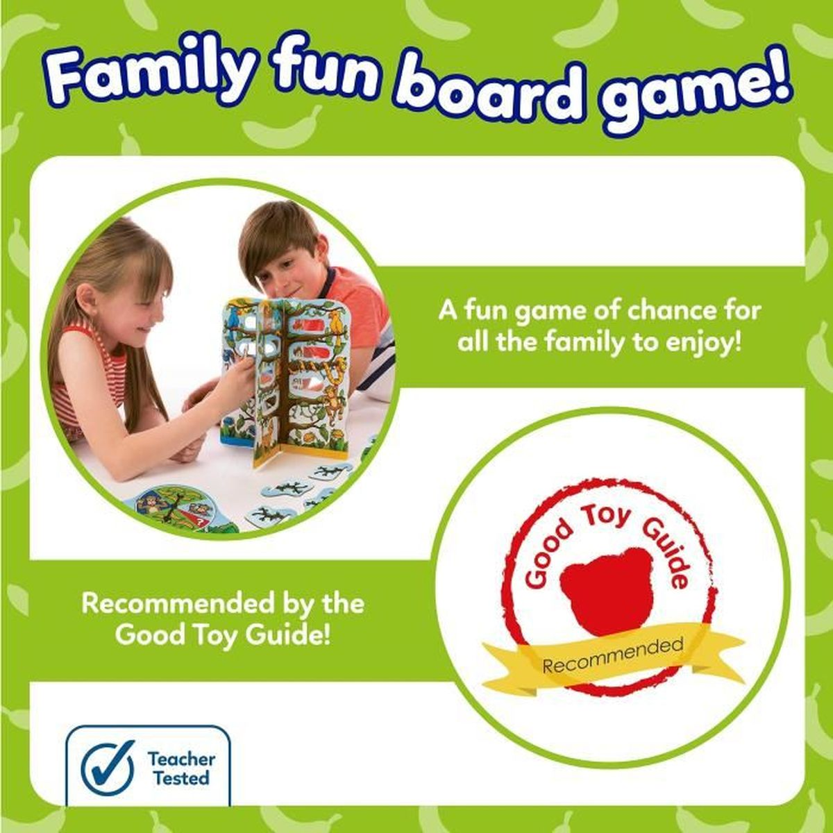 Eine Brettspielwerbung zeigt zwei spielende Kinder. Der Text lautet 'Family fun board game!' und 'Empfohlen vom Good Toy Guide!'