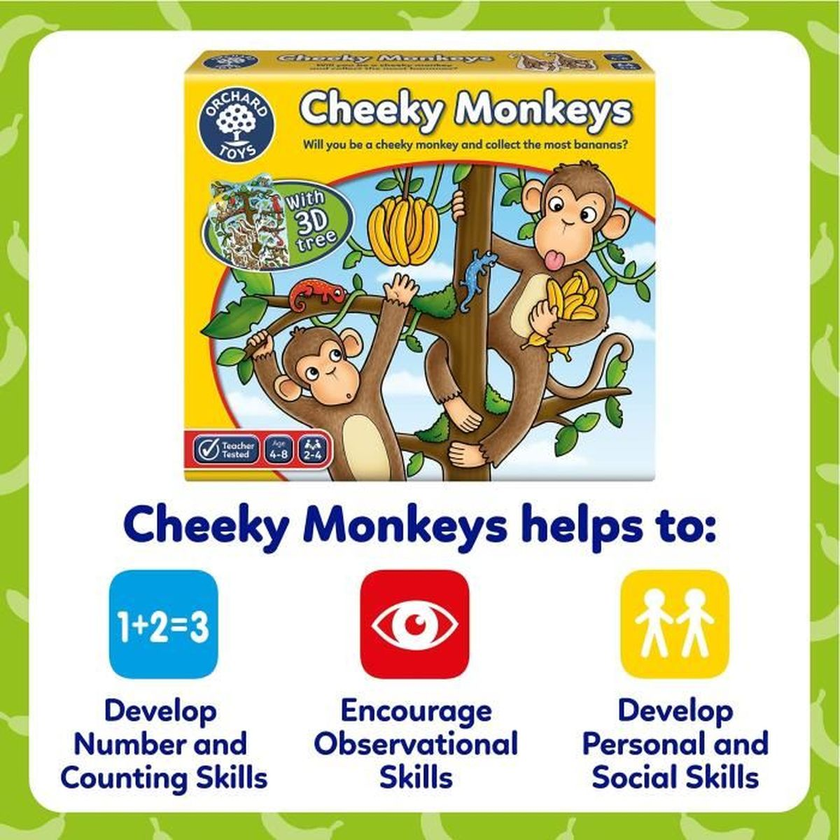 Auf der Spielbox „Cheeky Monkeys“ sind Affen auf einem Baum zu sehen. Symbole weisen darauf hin, dass das Spiel Fähigkeiten wie Zählen fördert.