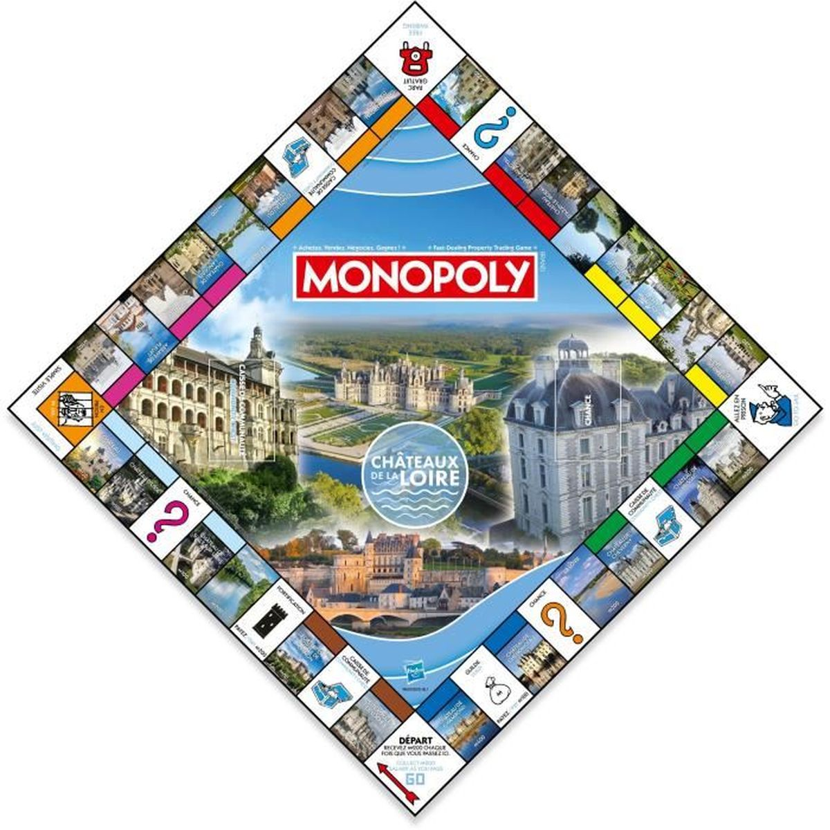 Monopoly-Spielbrett mit Schlössern des Loire-Tals. Es enthält Spielfelder, Karten und das Monopoly-Logo.