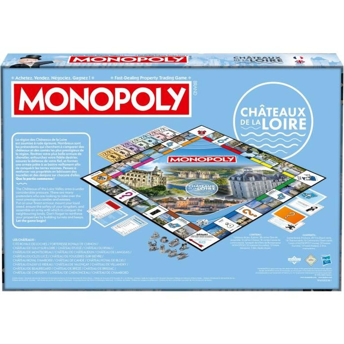 Monopoly-Brettspielbox. Blauer Hintergrund. Das Spielbrett zeigt Schlösser. Text enthält 'Chateaux de la Loire' und 'Monopoly'.
