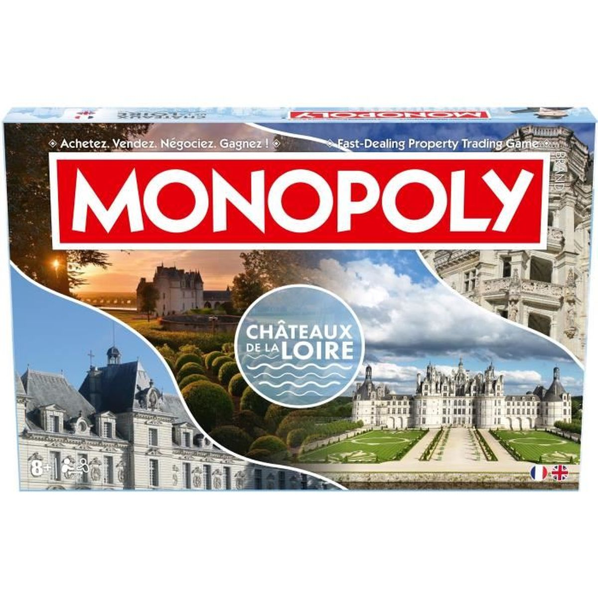 Monopoly-Brettspielbox. Enthält den Text "MONOPOLY" und Bilder französischer Schlösser. Enthält Text auf Französisch.