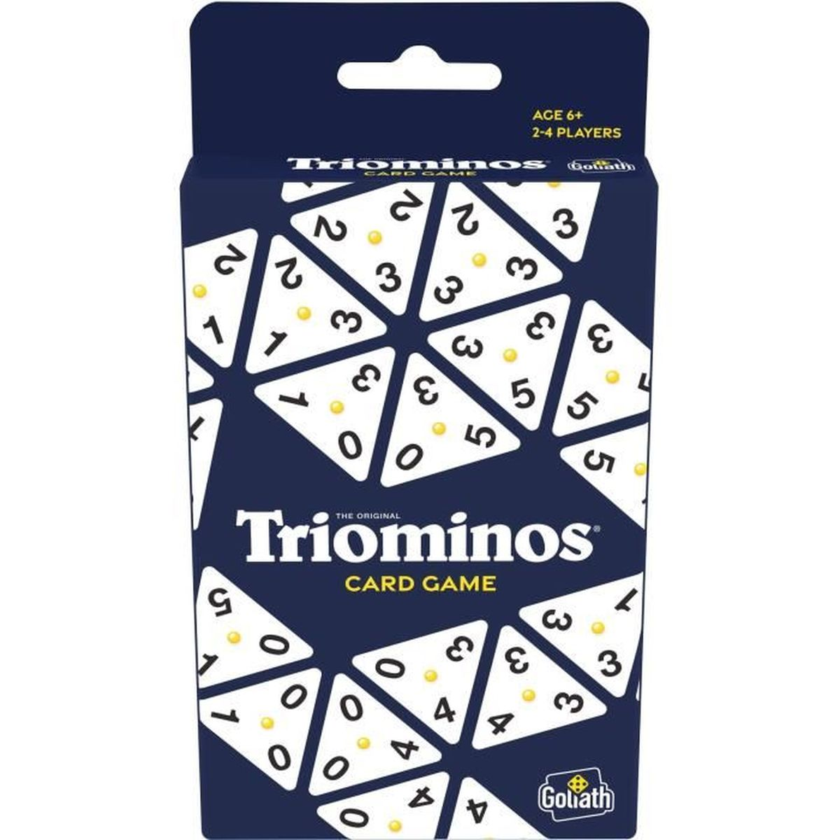 Una scatola del gioco di carte Triominos. Blu scuro con tessere triangolari bianche. Numeri 0-5 sulle tessere. Testo: 'Triominos Card Game'.