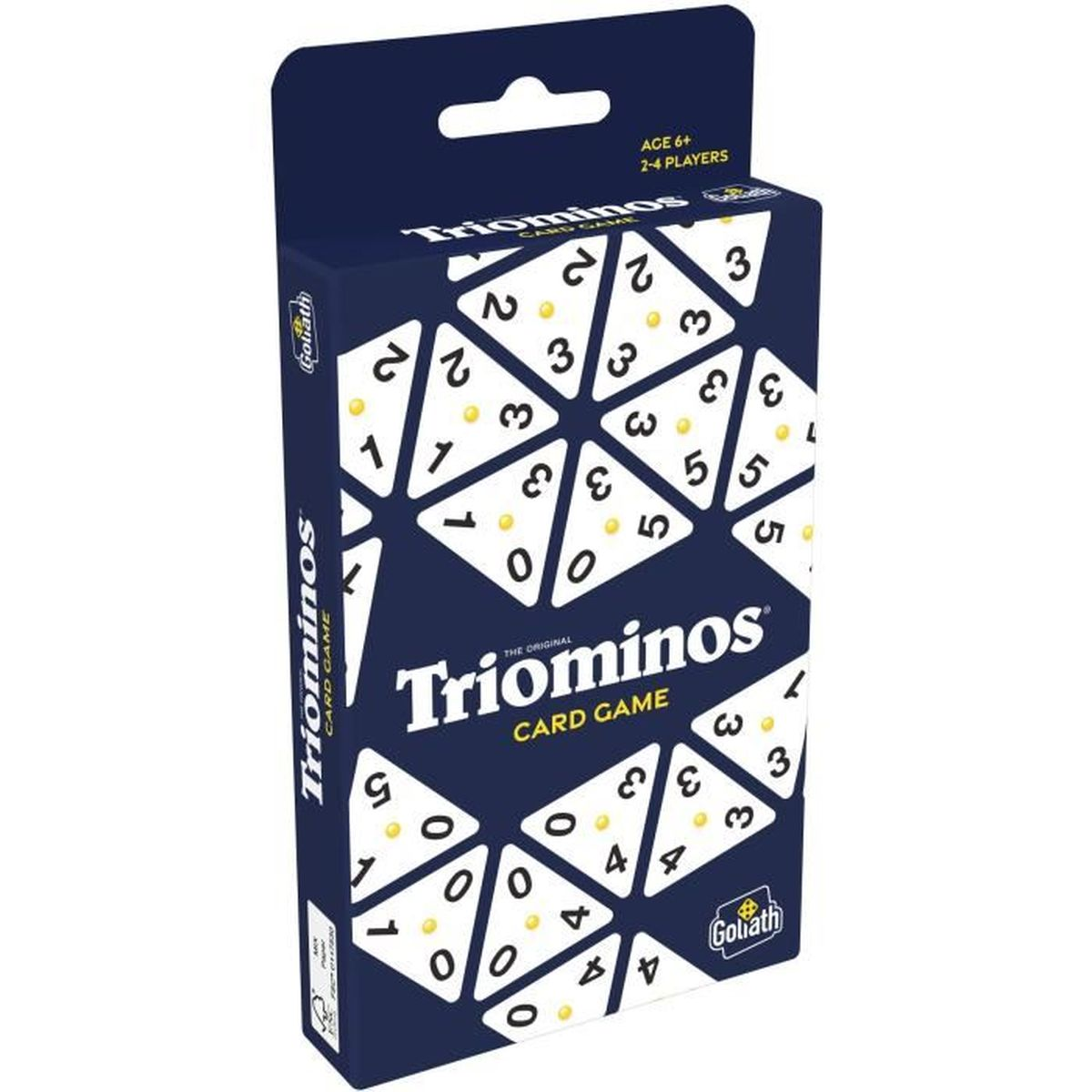 Una scatola del gioco di carte Triominos blu navy. Ha tessere triangolari bianche con numeri e il logo Goliath. Età 6+ e per 2-4 giocatori.