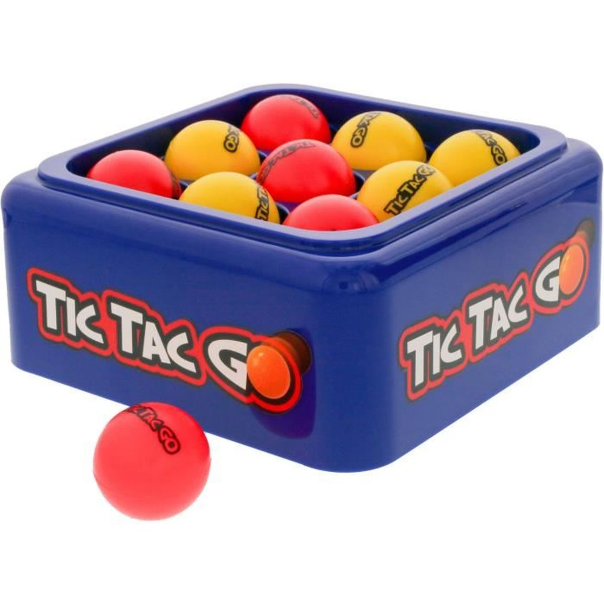 Een blauw Tic Tac Go-spel met rode en gele ballen. Een rode bal ligt voor het spel. Het logo van het spel staat op de zijkant.