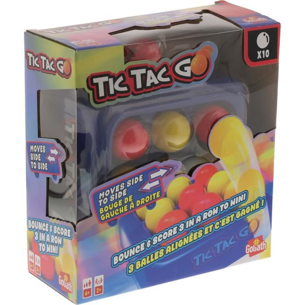 Een Tic Tac Go speldoos. De doos bevat rode, gele ballen. Tekst op de doos zegt: 'Bounce & Score 3 op een rij om te winnen!'
