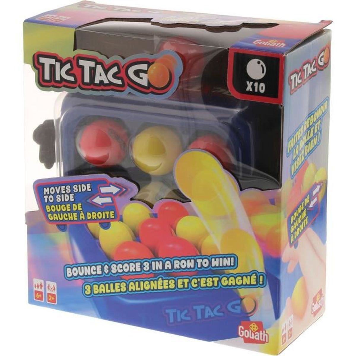 Tic Tac Go speldoos. Het toont rode, gele ballen. Tekst zegt: 'Stuiter en scoor 3 op een rij om te winnen!'.