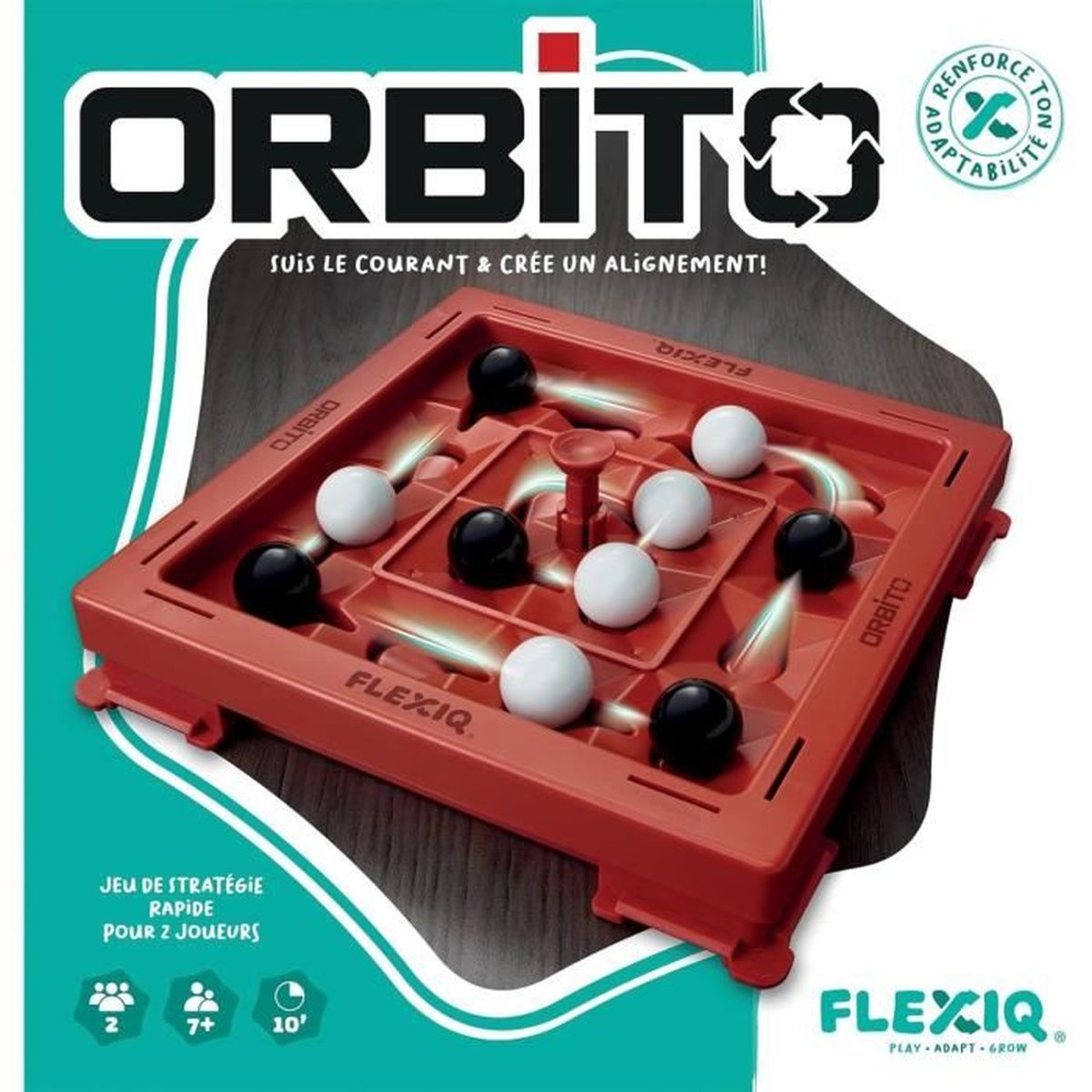Ein rotes Orbit-Spielbrett mit schwarzen und weißen Kugeln. Das Spiel heißt Orbit, von Flexiq. Es ist ein Strategiespiel für 2 Spieler.