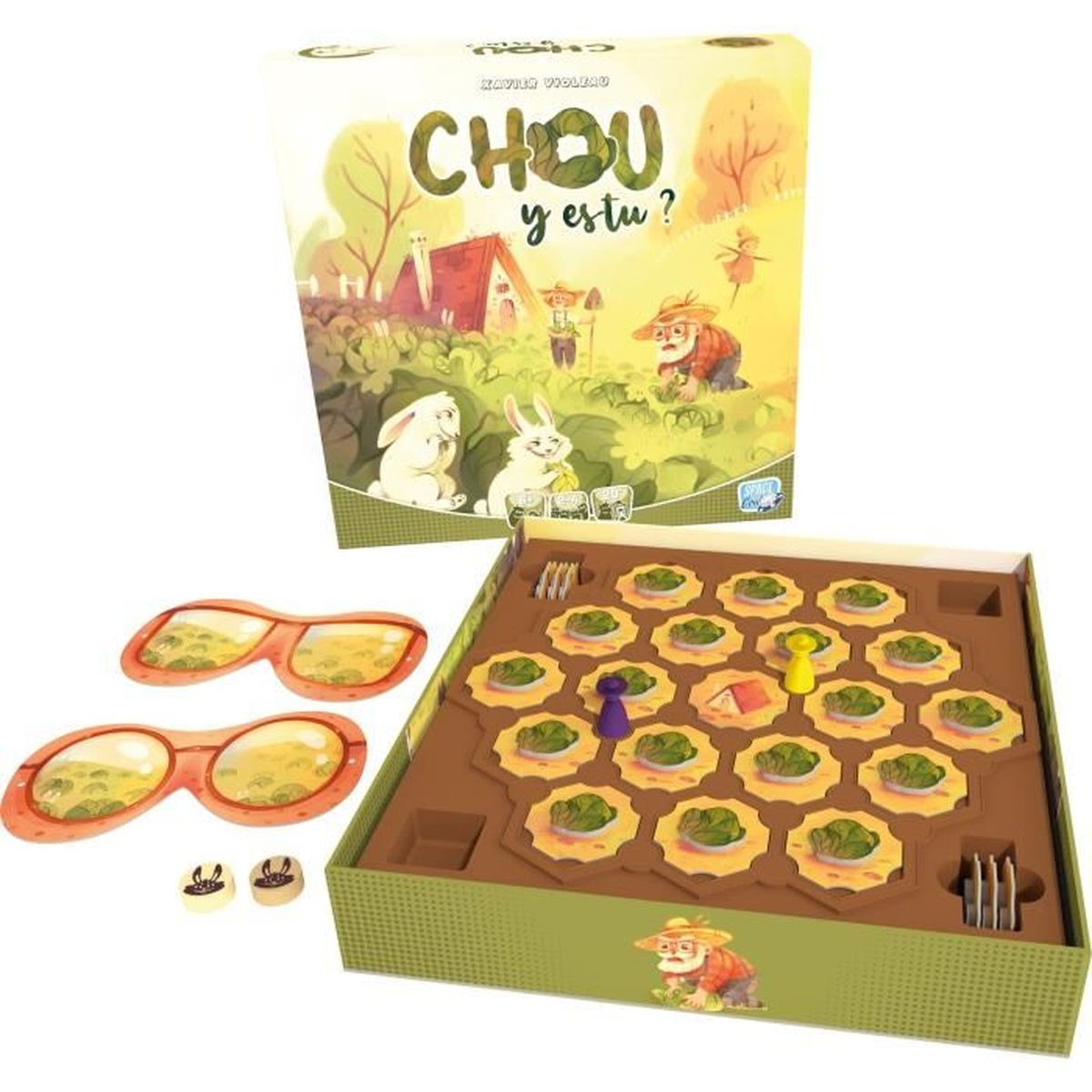 Ein Brettspielkarton, ein Spielbrett, eine Sonnenbrille und Holzmarken. Die Box zeigt Kaninchen, Bauern und ein Haus. Das Board hat Feldfrüchte.