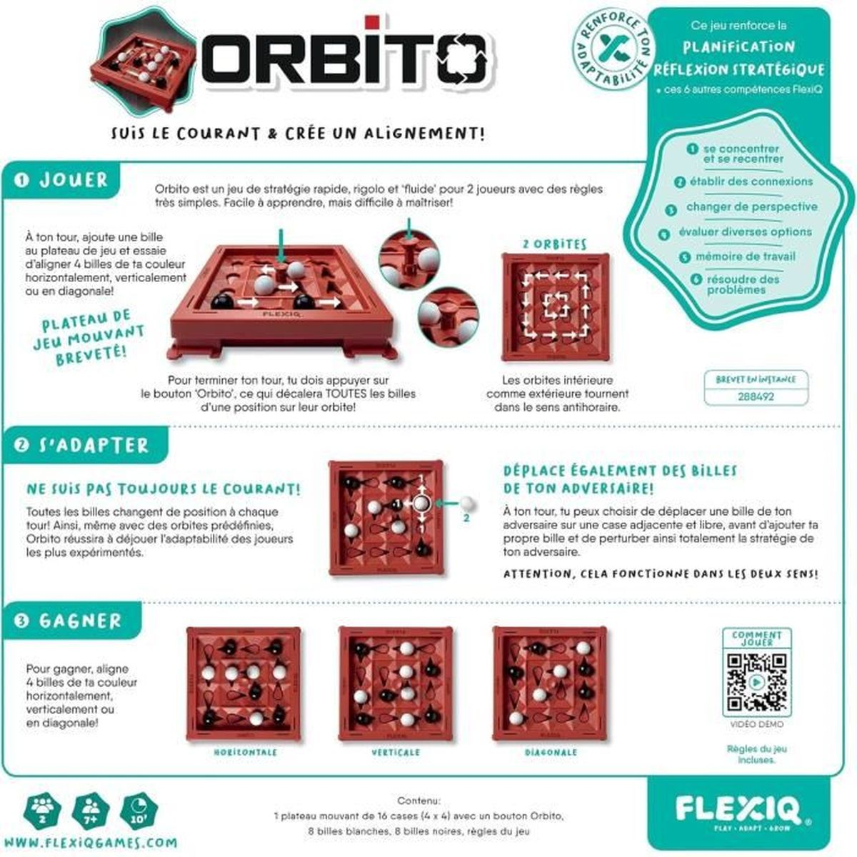 Ein Brettspiel mit rotem Rahmen. Anweisungen und Spielbeispiele mit Kugeln und Bahnen. Der Name des Spiels ist Orbito.