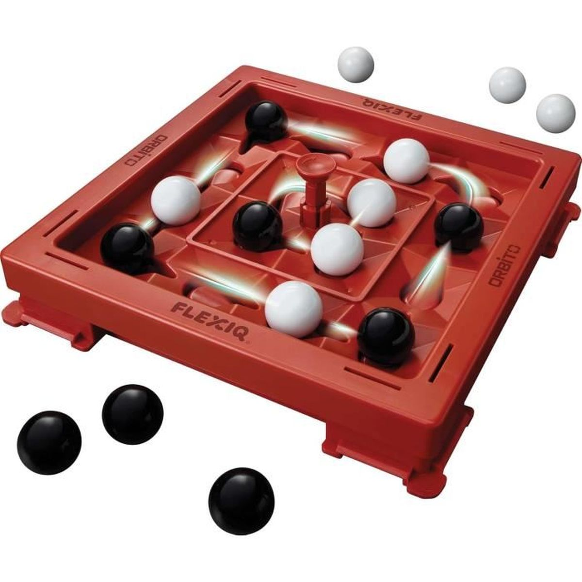 Rotes Flexiq-Spielbrett mit weißen und schwarzen Kugeln. Mehrere weiße Kugeln sind auf dem Brett, zusammen mit ein paar schwarzen. Mehr schwarze Kugeln unten.