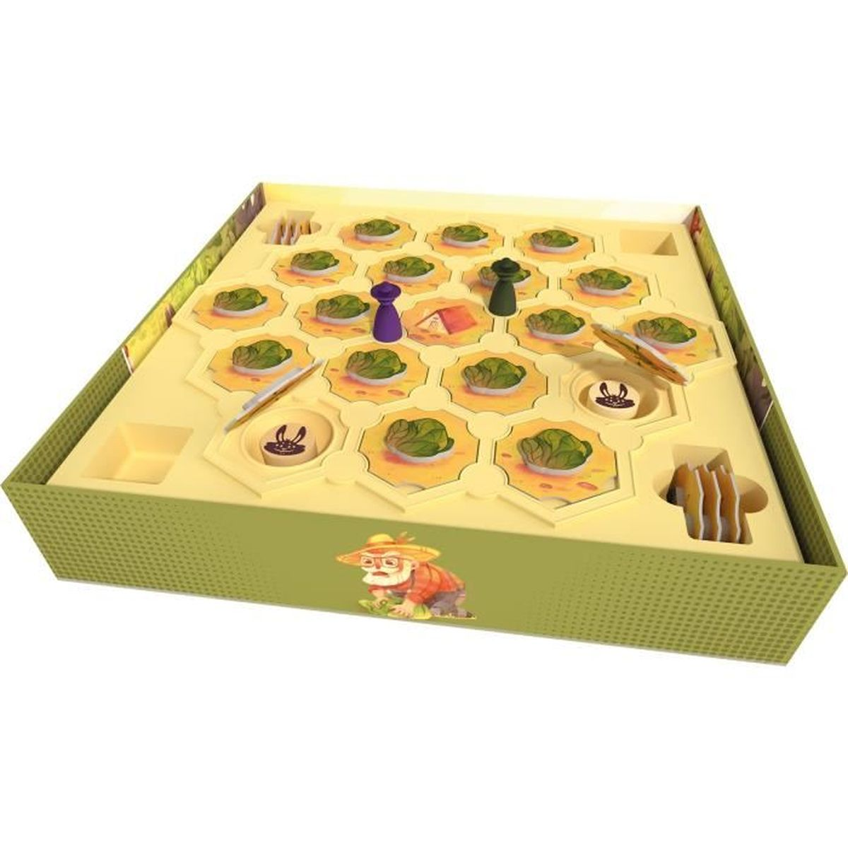 Ein Brettspiel mit sechseckigen Feldern, das grünen Salat, lila und grüne Spielfiguren und eine Bauernillustration auf der Schachtel zeigt.