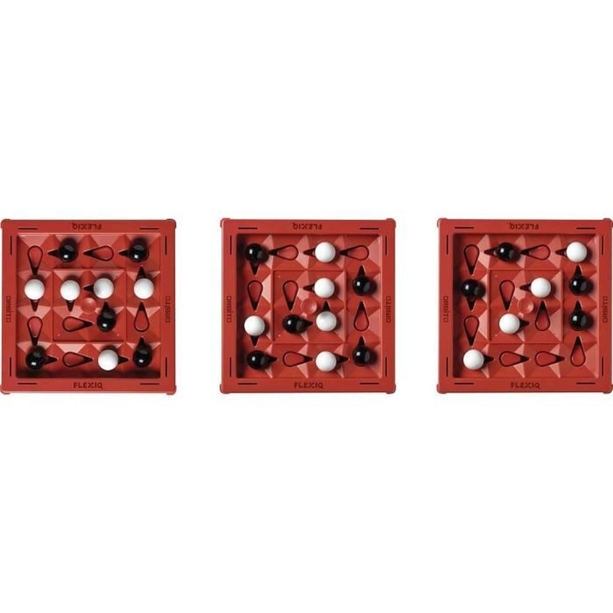 Drei rote Flexiq-Spielbretter. Jedes Brett hat schwarze und weiße Kugeln in einem Raster. Die Bretter sind mit 'Flexiq' und 'Orbitio' beschriftet.