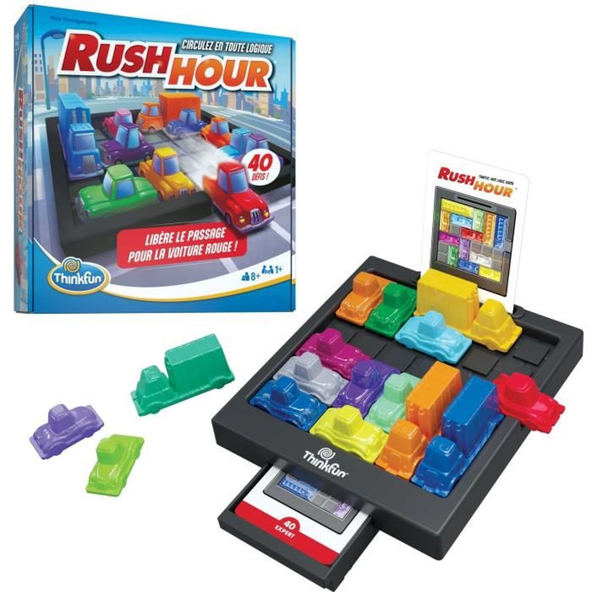 Un gioco da tavolo Rush Hour con macchinine colorate e un'auto rossa che deve scappare. La scatola e i pezzi del gioco sono visibili.