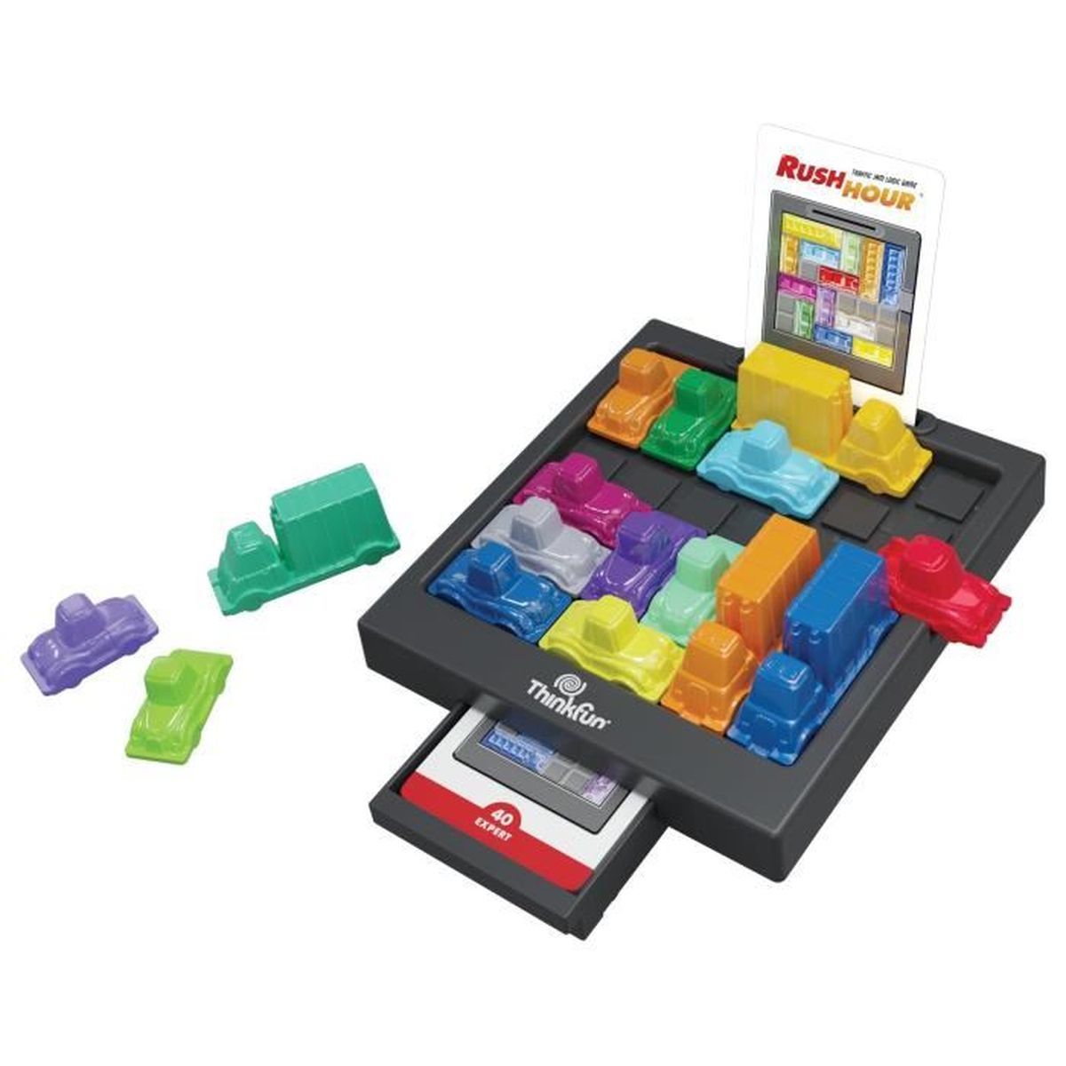 Un gioco di puzzle Rush Hour con macchinine colorate su una griglia nera. Include un tabellone, carte e una scheda di visualizzazione.