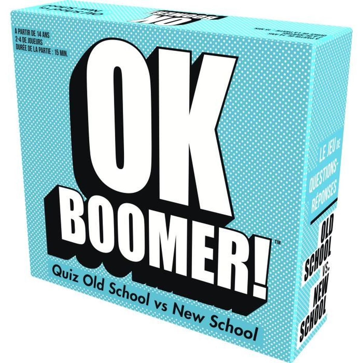 Schachtel mit dem Quizspiel 'OK BOOMER!'. Der Hintergrund ist hellblau mit weißen Punkten. Mit Text auf Französisch und Englisch.