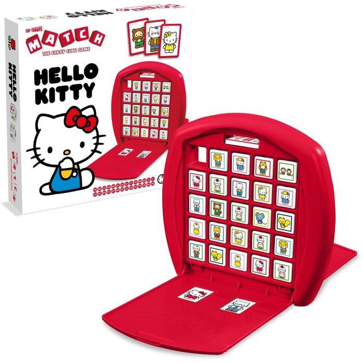 Ein Hello Kitty Match-Spiel. Ein roter Koffer ist geöffnet und zeigt Charakterkacheln. Eine Box zeigt Hello Kitty.