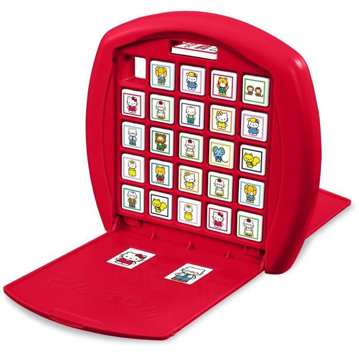 Ein rotes Wer bin ich?-Spiel mit Hello Kitty-Figuren. Das Spiel ist geöffnet und zeigt Charakterkarten und zwei Bildkarten auf der offenen Tür.