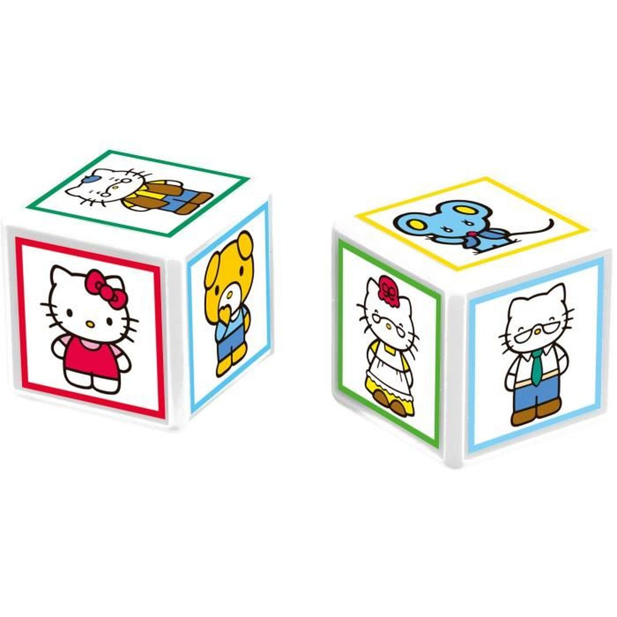 Zwei weiße Würfel mit Zeichentrickfiguren. Einer hat Hello Kitty und einen Bären. Der andere hat eine Maus und eine weitere Hello Kitty.