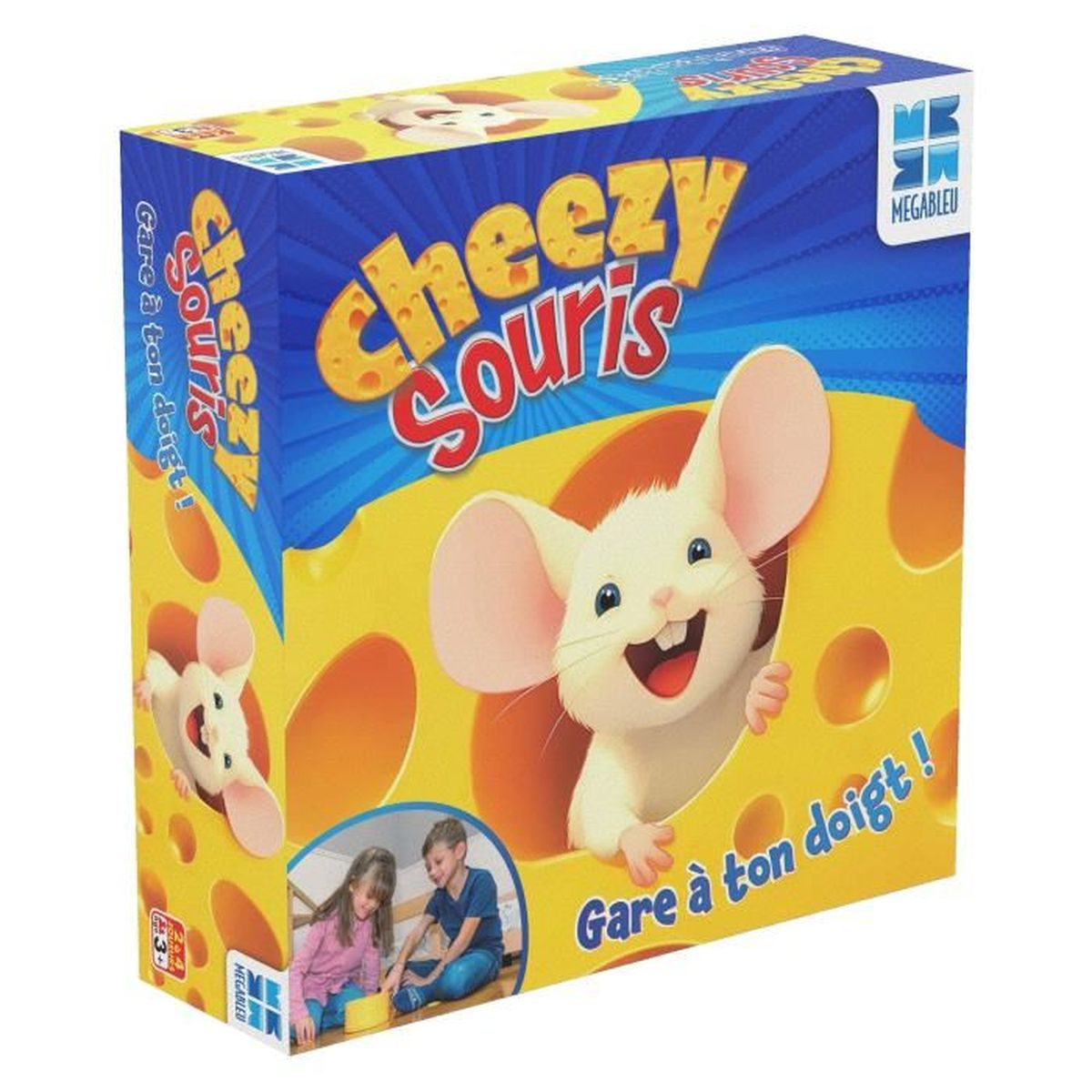 Eine Spielbox mit dem Titel 'Cheezy Souris' zeigt eine Cartoon-Maus in Käse, spielende Kinder und Text auf Französisch.