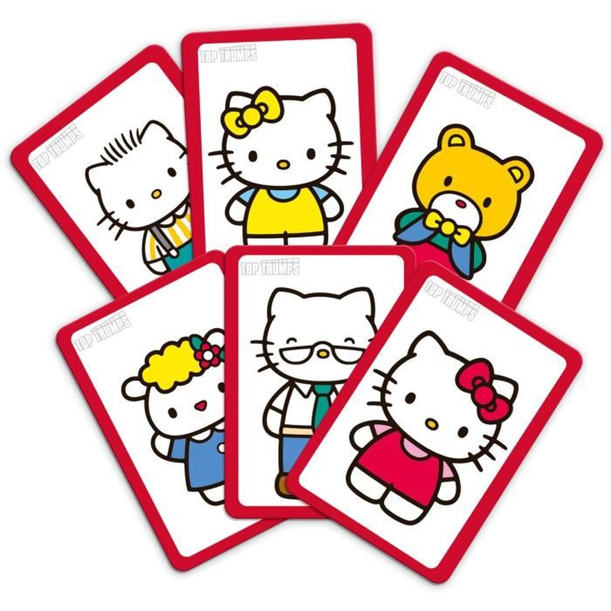Sechs Top Trumps-Karten mit Hello Kitty und ihren Freunden. Jede Karte hat einen weißen Hintergrund und einen roten Rand.